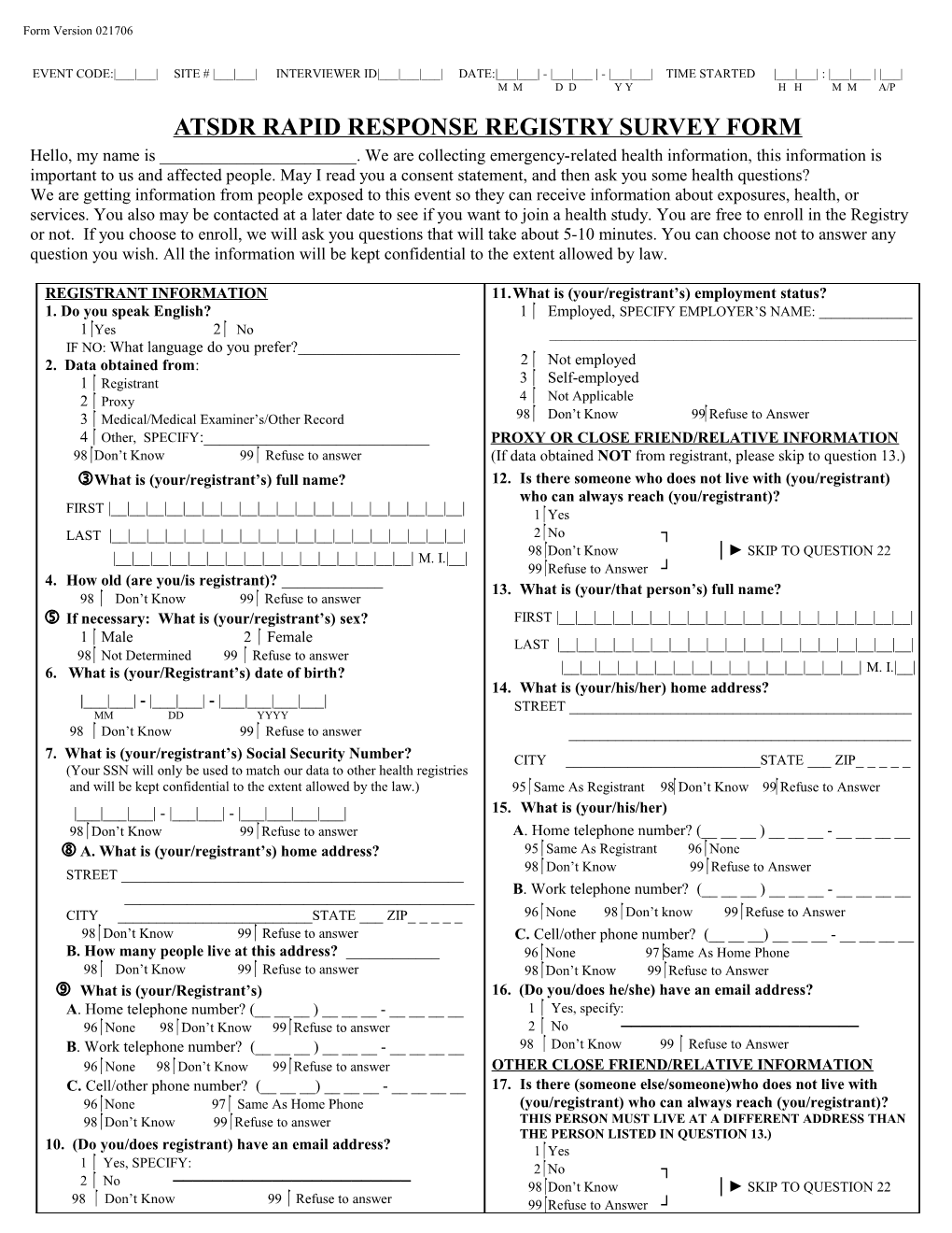 Rapid Response Registry Survey Form
