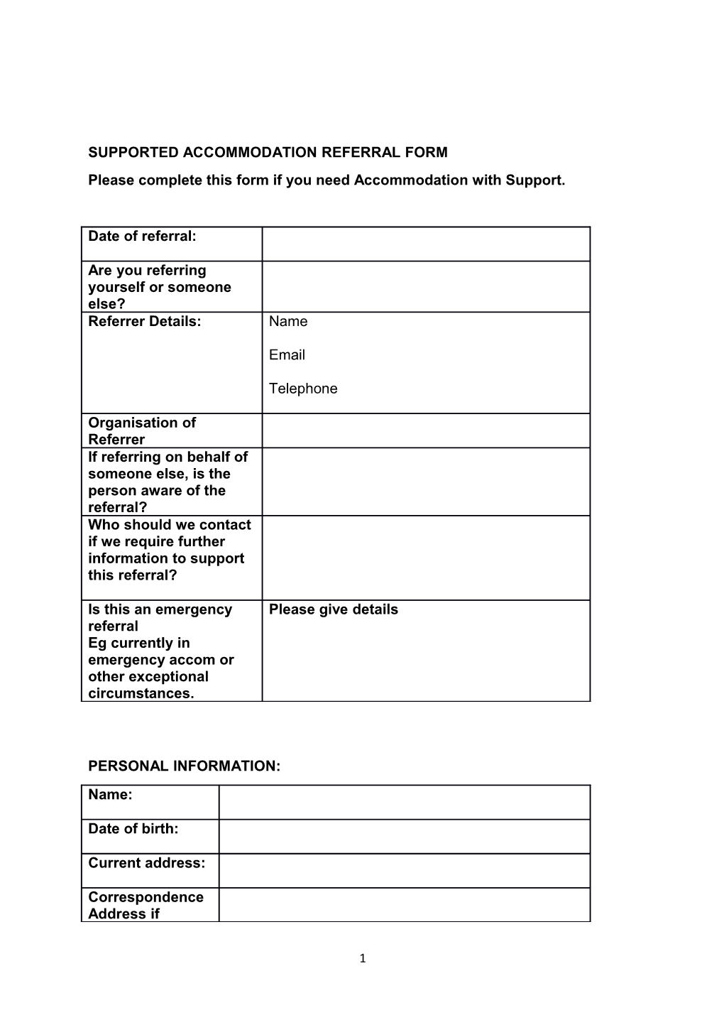 Supported Accommodation Referral Form