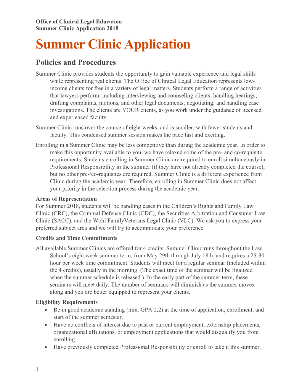 Office of Clinical Legal Education Summer Clinic Application 2018