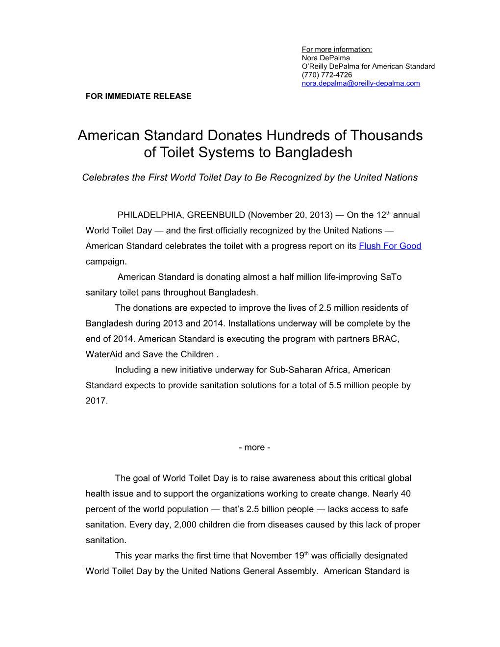 American Standard Donates Thousands of Toilet Systems to Bangladesh Through Flush For