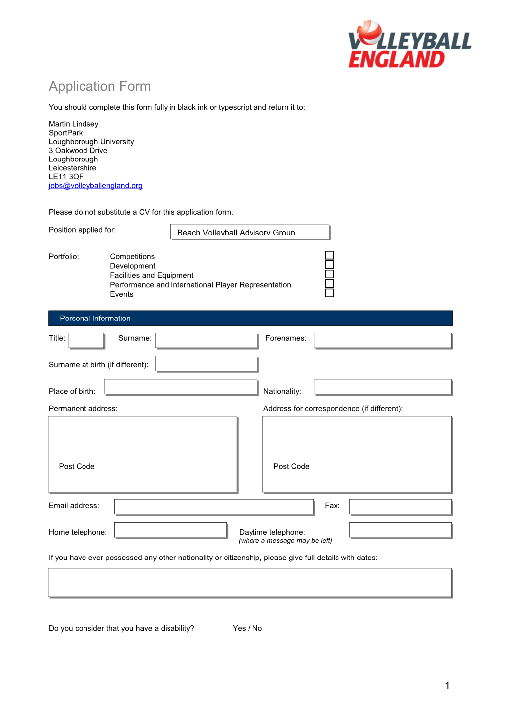 Volleyball England - Application Form
