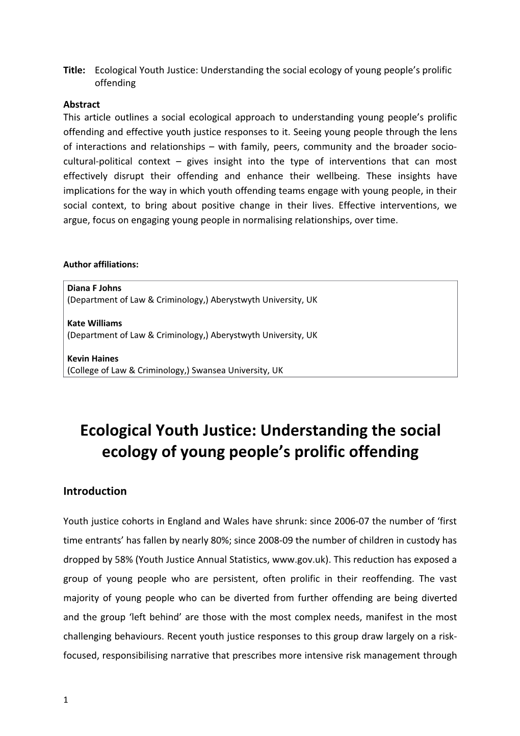 Title: Ecological Youth Justice: Understanding the Social Ecology of Young People S Prolific