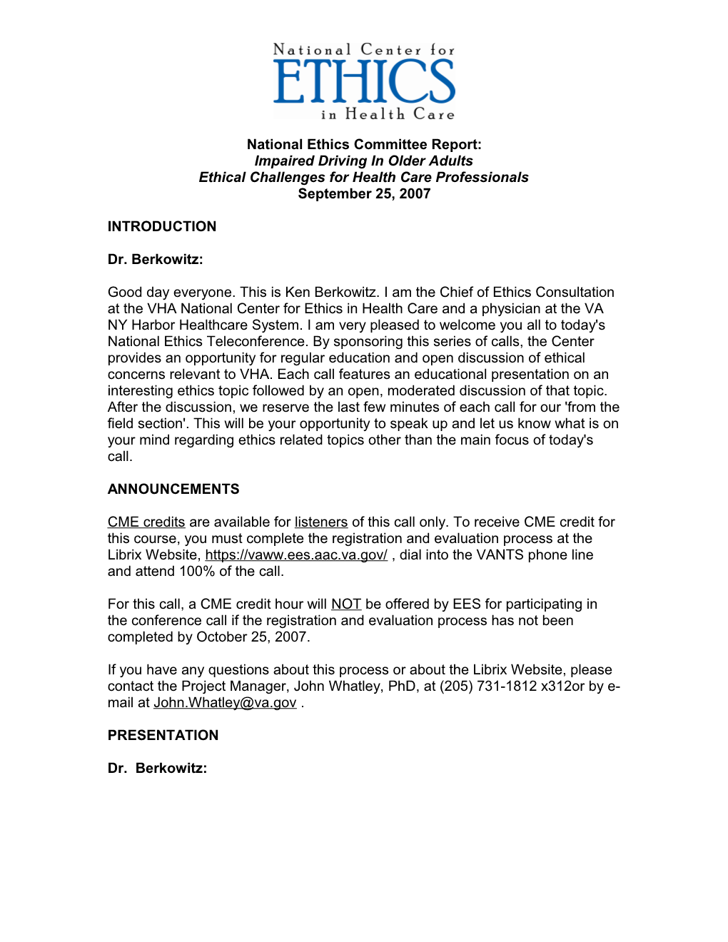 National Ethics Teleconference 9/25/07 - NEC Report - Impaired Driving in Older Adults