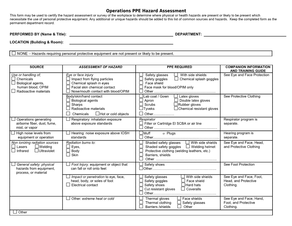 Certification of Hazard Assessment Form for Ppe Use