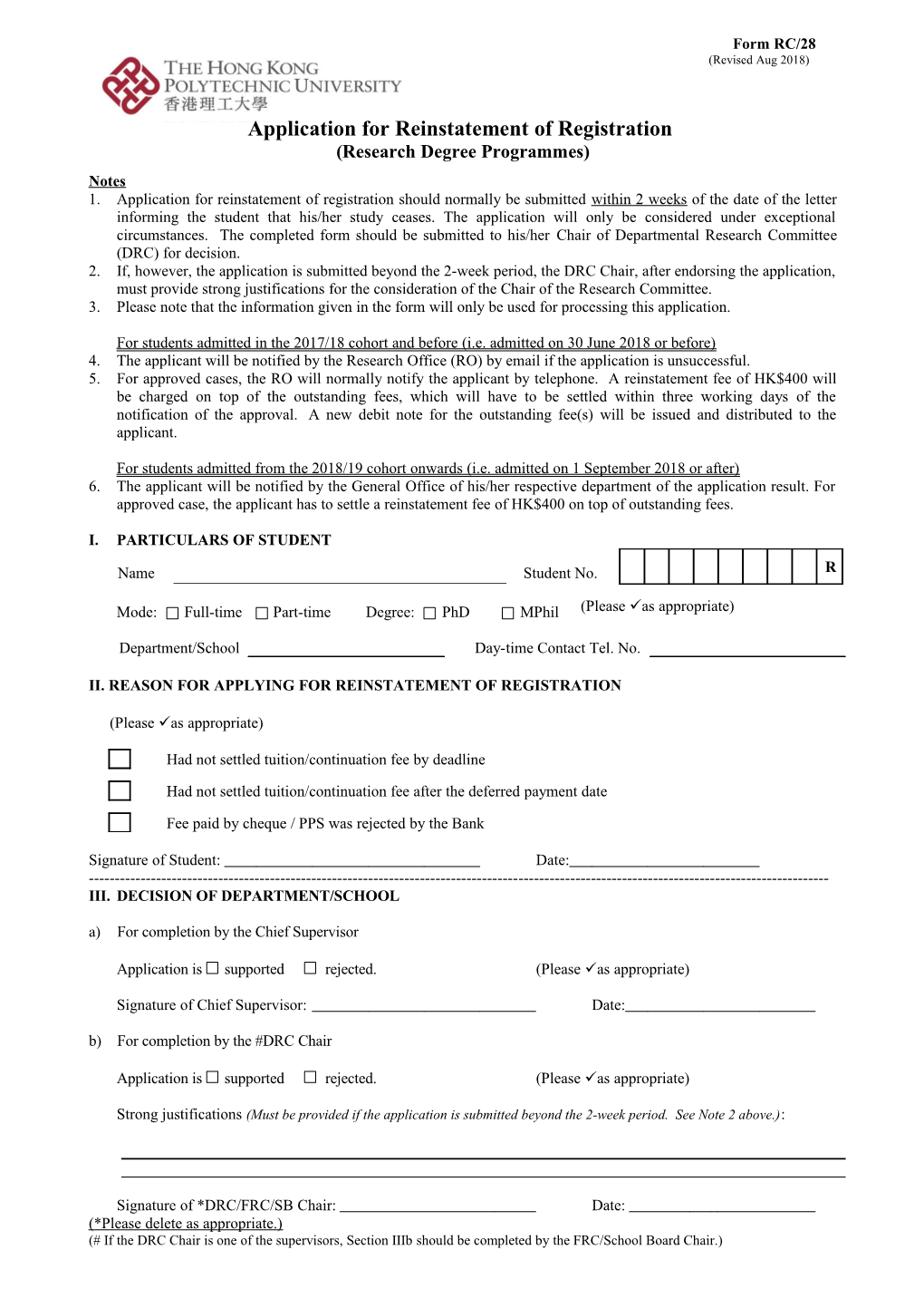 Application for Reinstatement of Registration