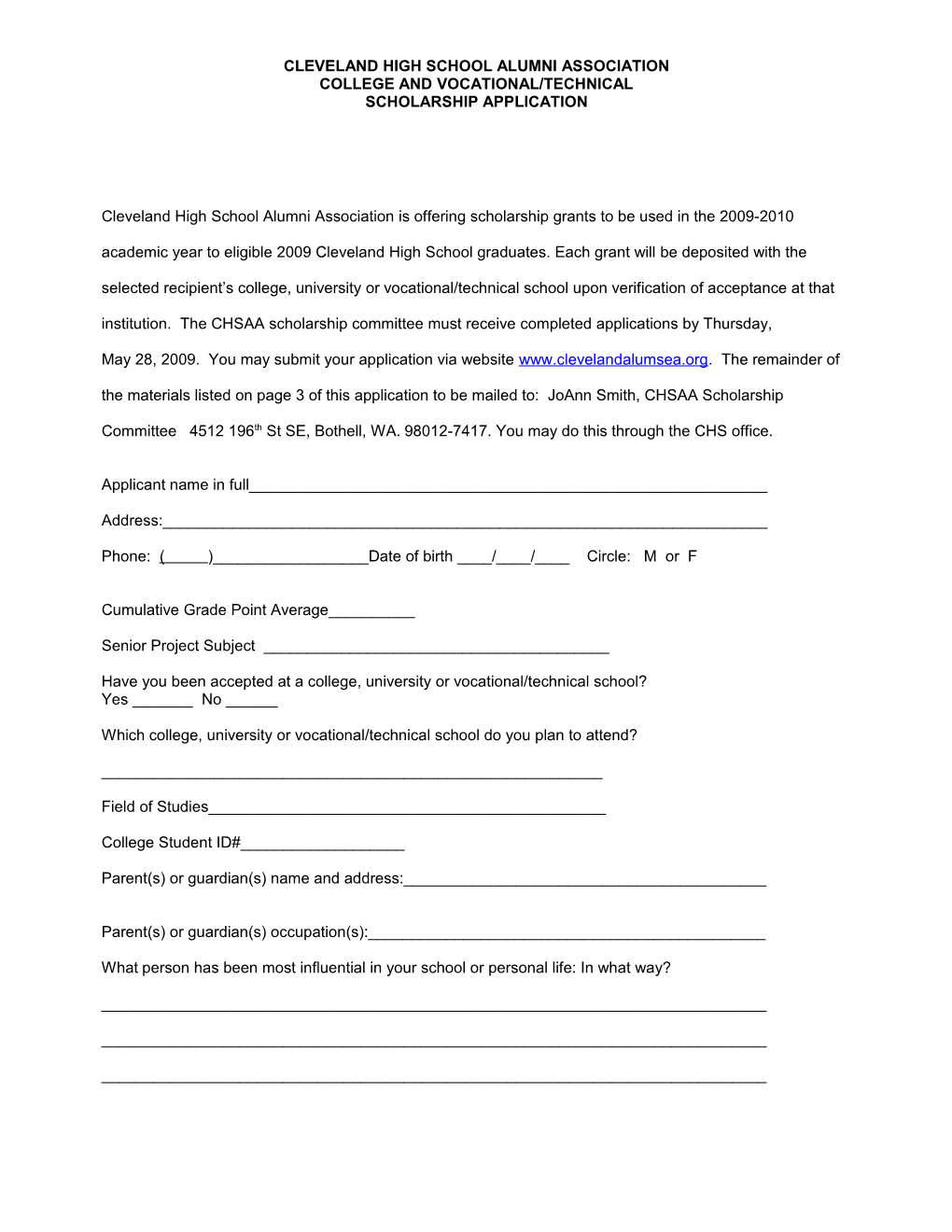 The Cleveland High School Alumni Association Is Offering Scholarship Grants for the 2001-2002