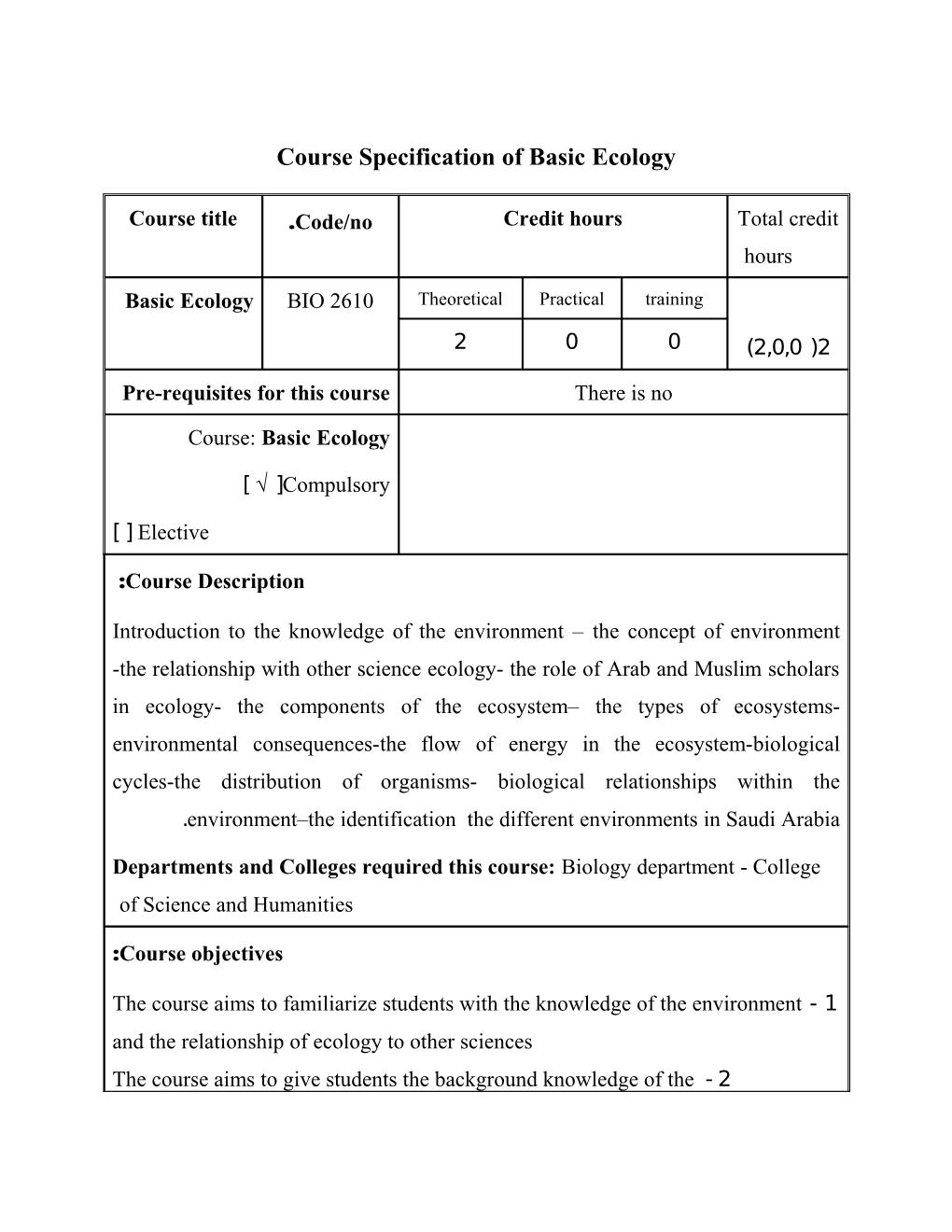 Course Specification of Basic Ecology