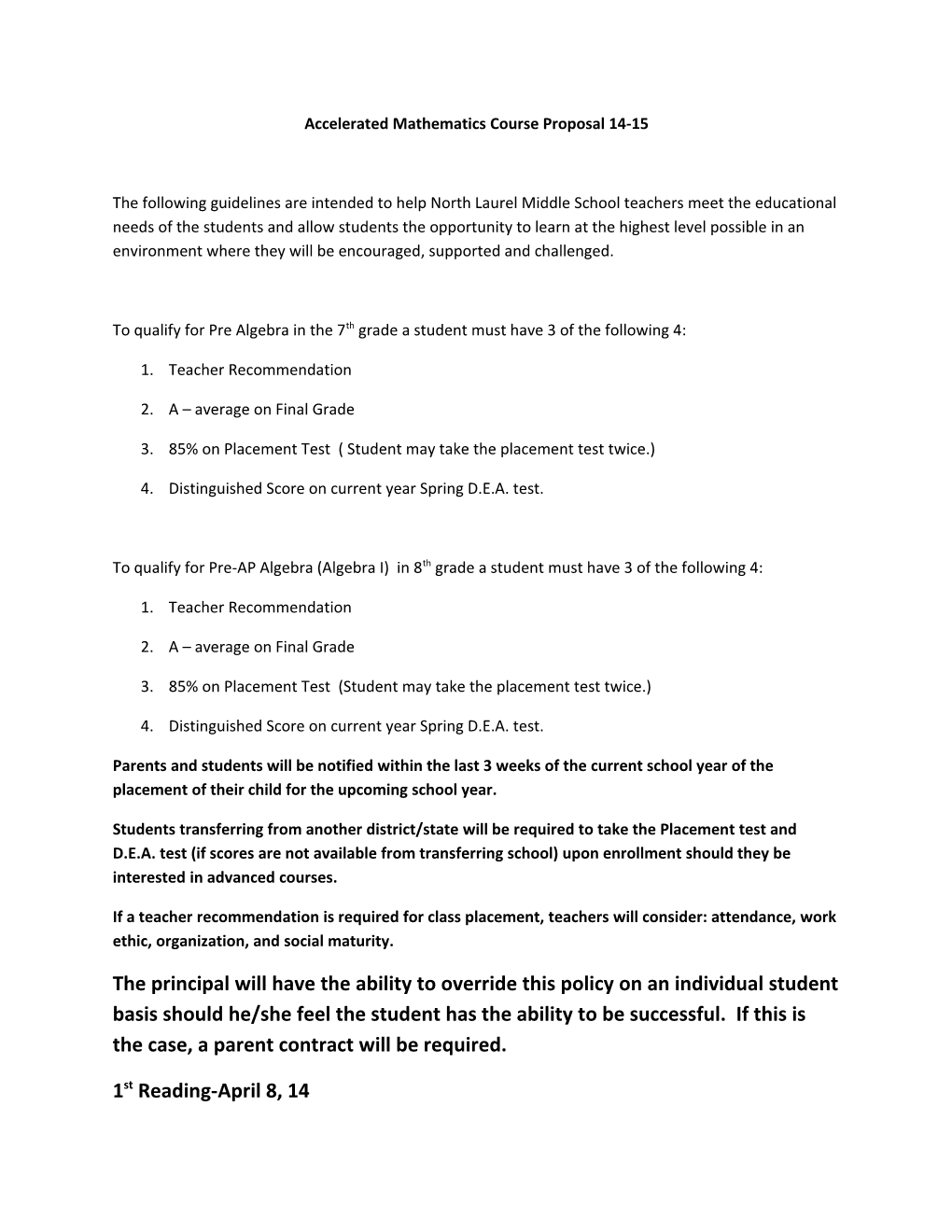 Accelerated Mathematics Course Proposal 14-15