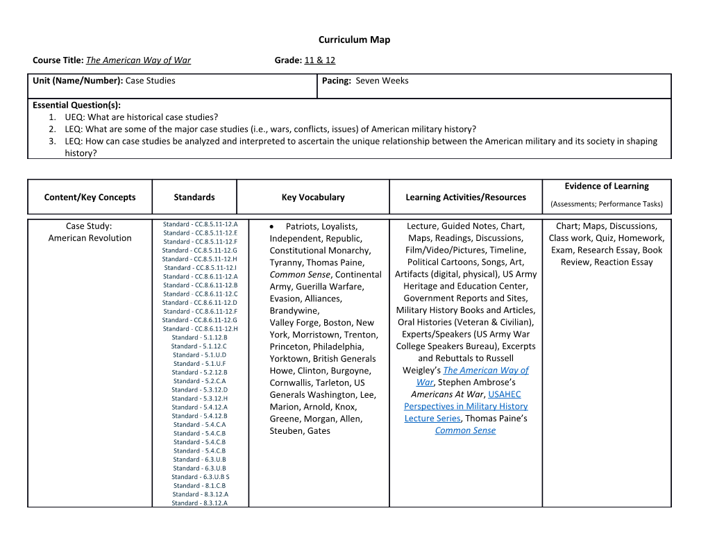 Course Title: the American Way of War Grade: 11 & 12