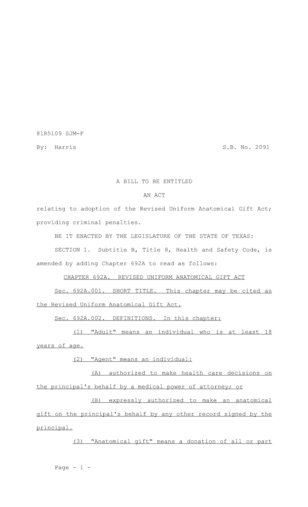 Relating to Adoption of the Revised Uniform Anatomical Gift Act; Providing Criminal Penalties