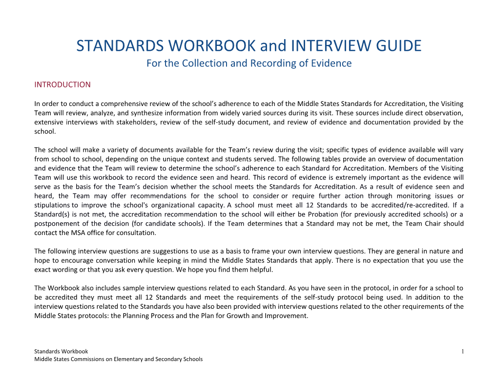 STANDARDS WORKBOOK and INTERVIEW GUIDE