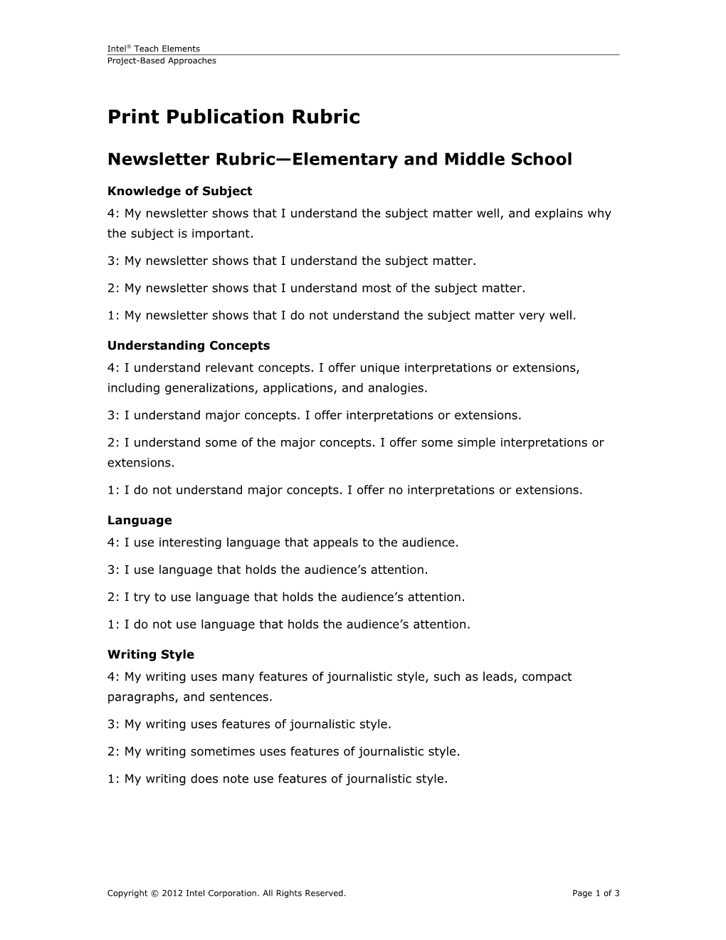 Newsletter Rubric Elementary and Middle School