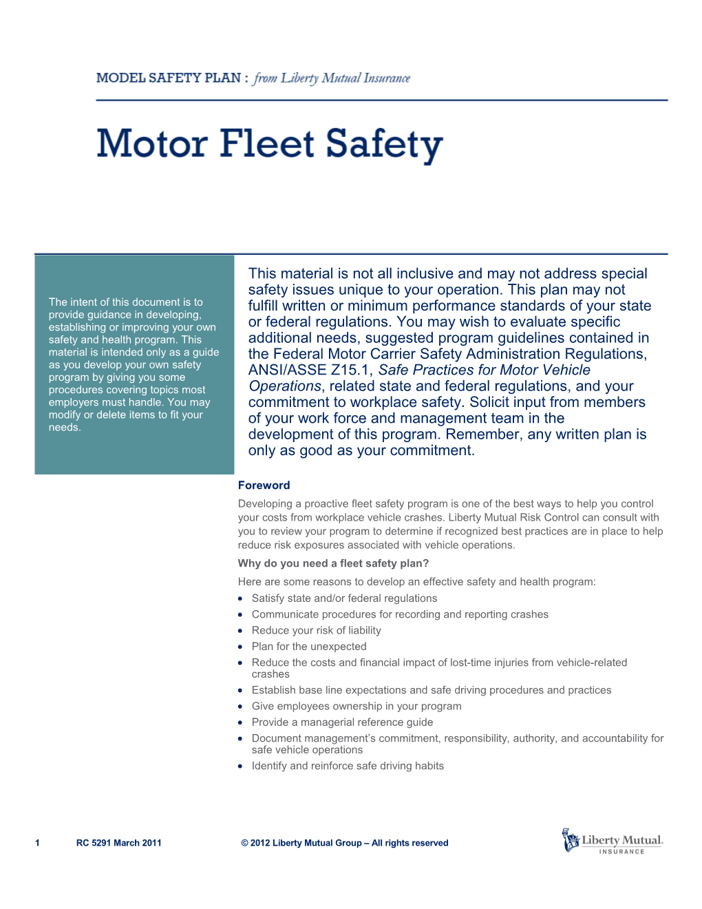 Model Safety Plan: Motor Fleet Safety, LC 5291