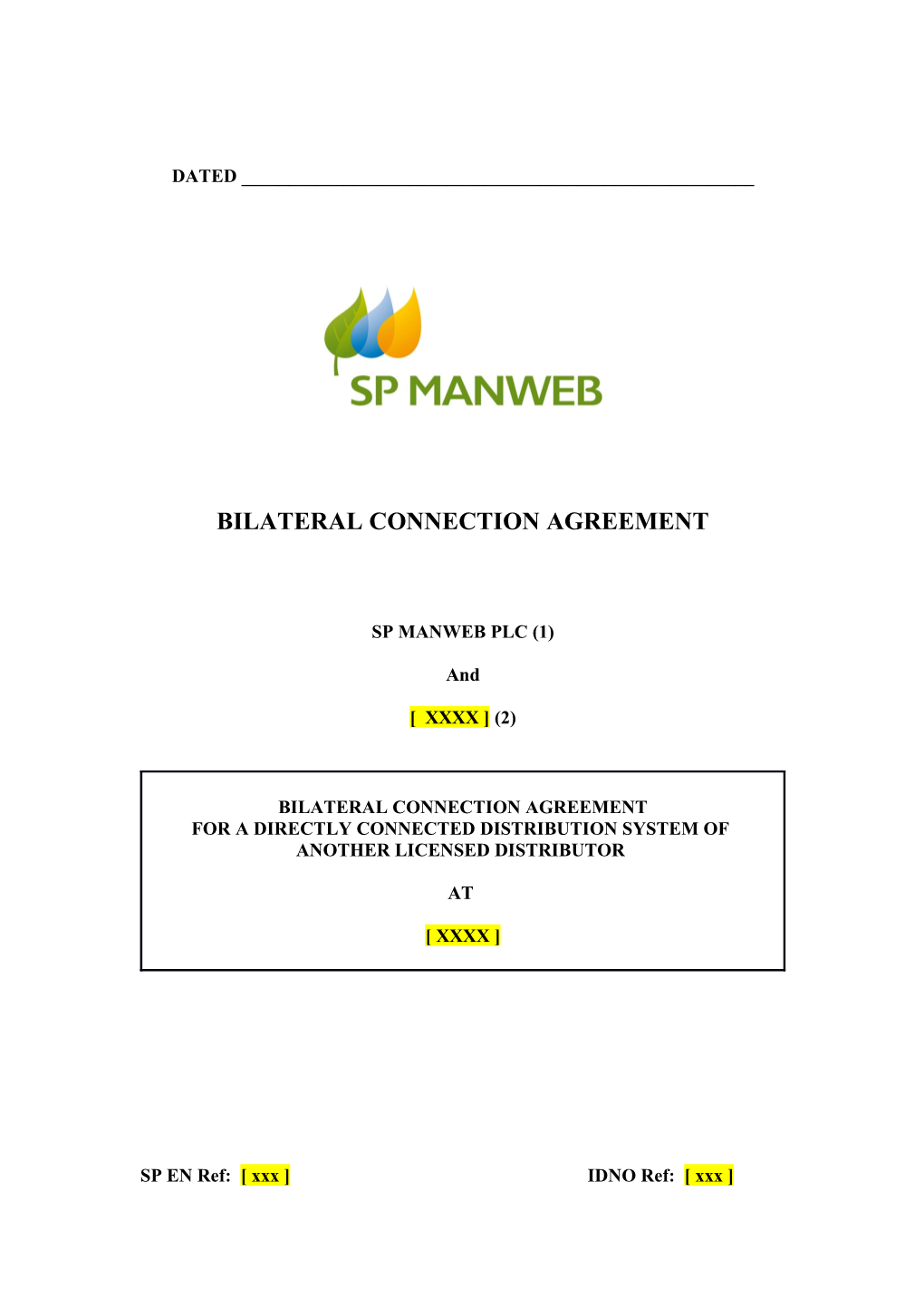 Bilateral Connection Agreement Template - LV NO Link Box (230V/400V) SPM