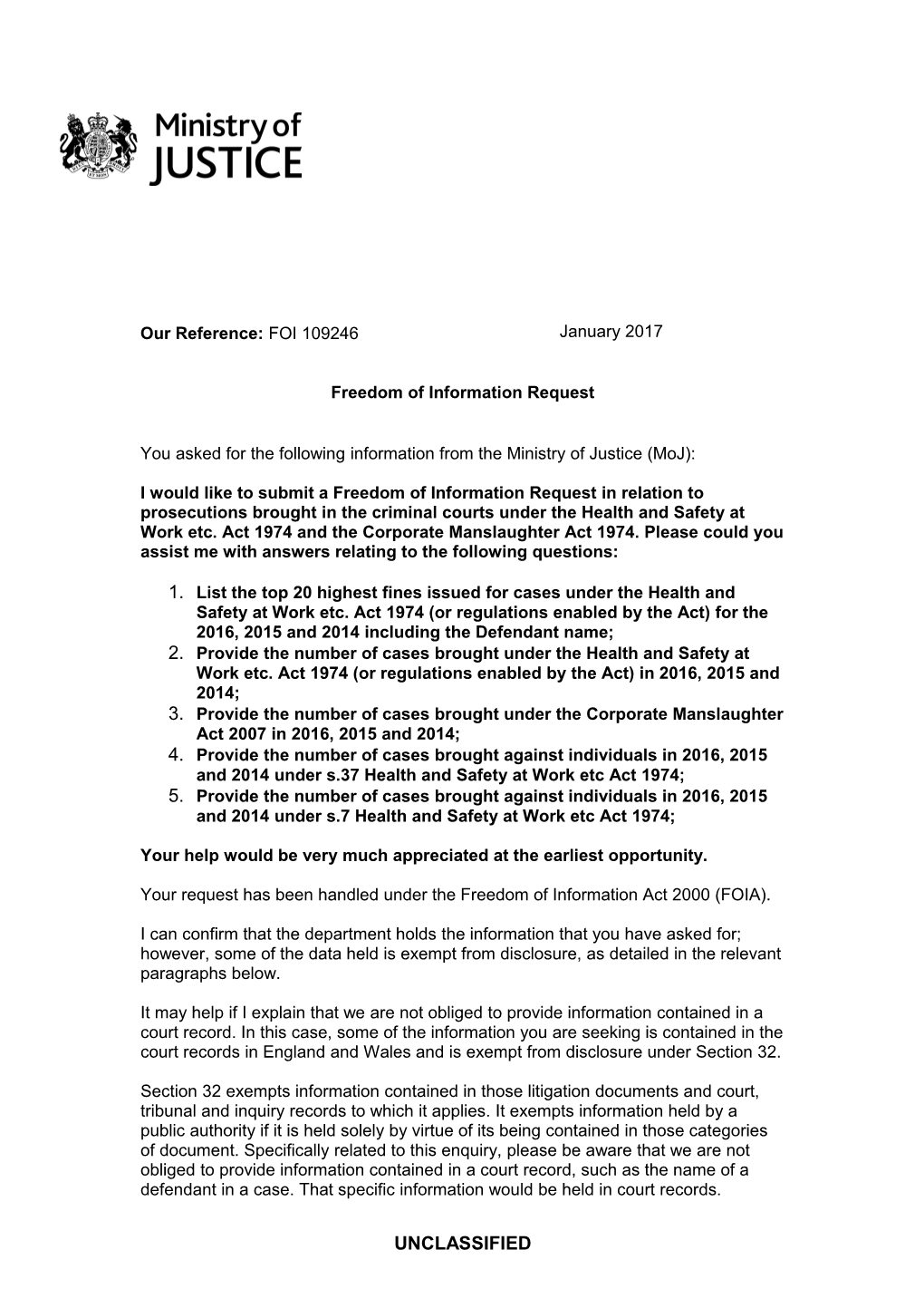 FOI 109246 Prosecutions Under the Health and Safety at Work Act 1974 and the Corporate