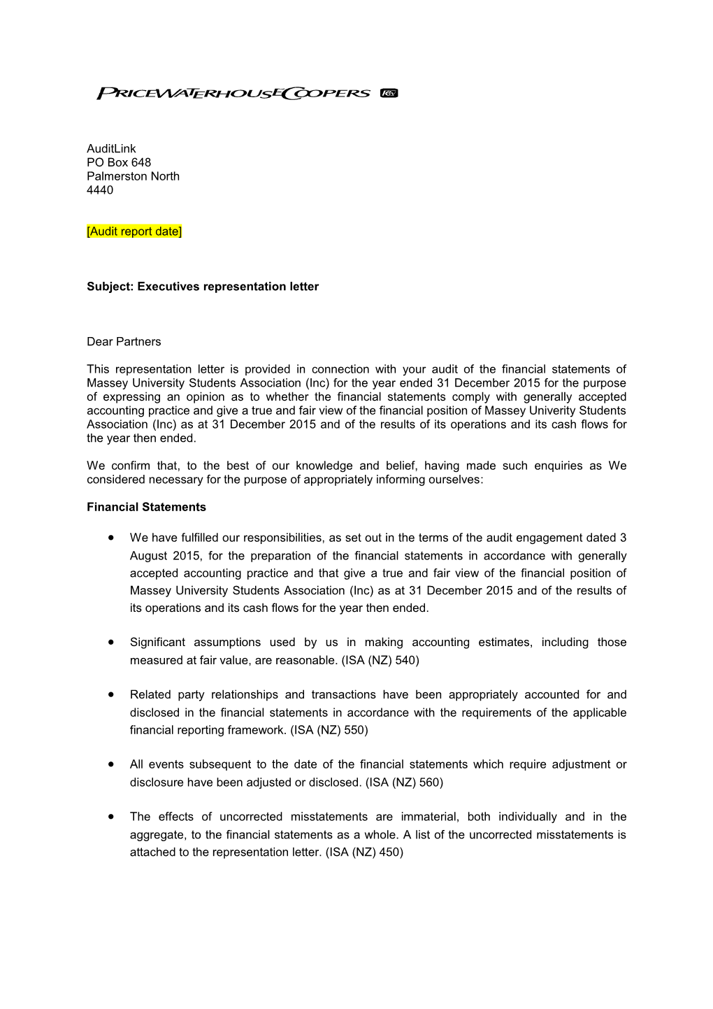 Subject: Executives Representation Letter