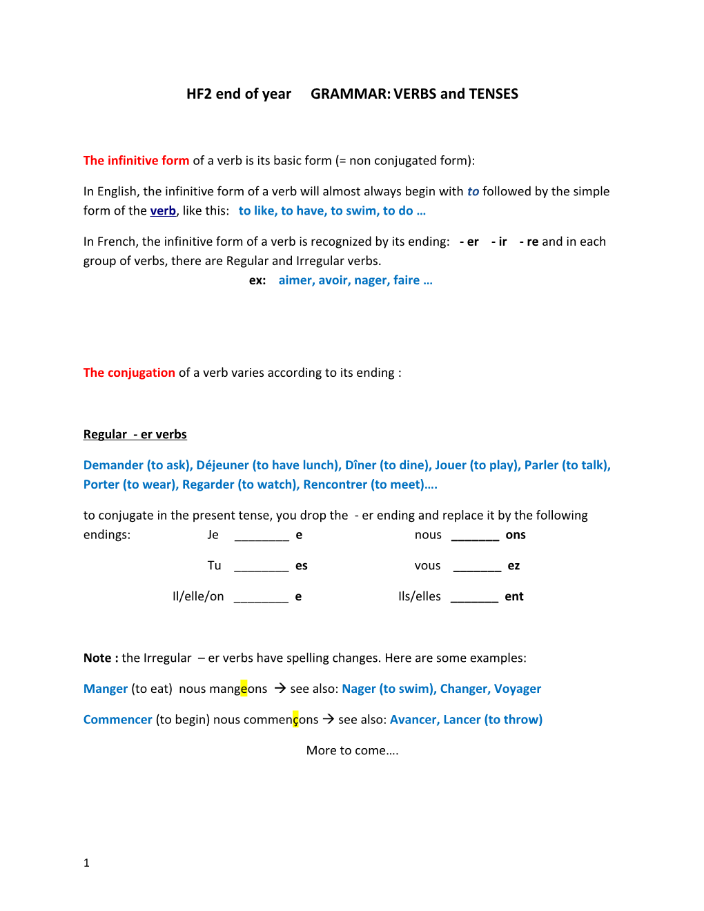 HF2 End of Year GRAMMAR:VERBS and TENSES