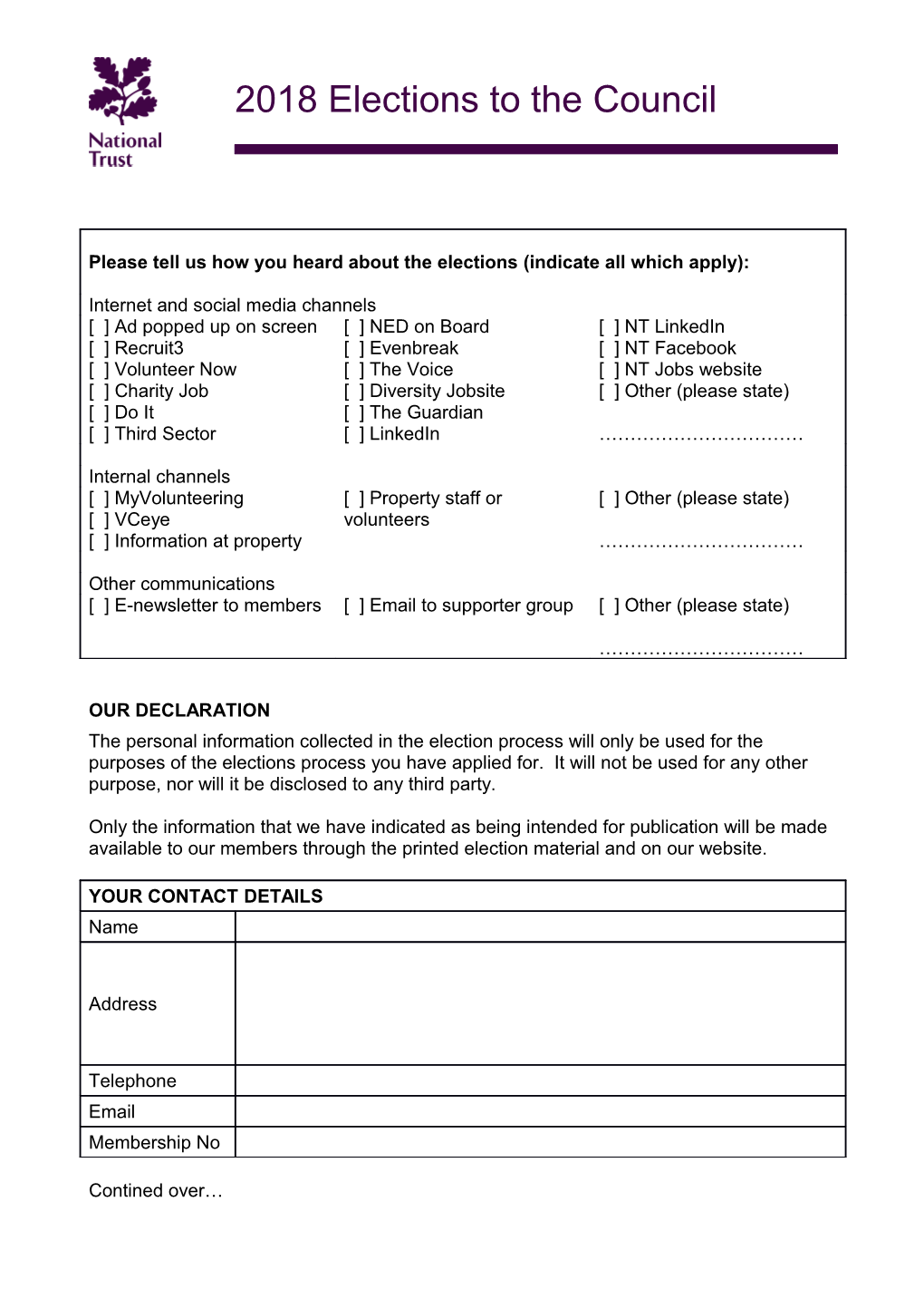 The Personal Information Collected in the Election Process Will Only Be Used for the Purposes