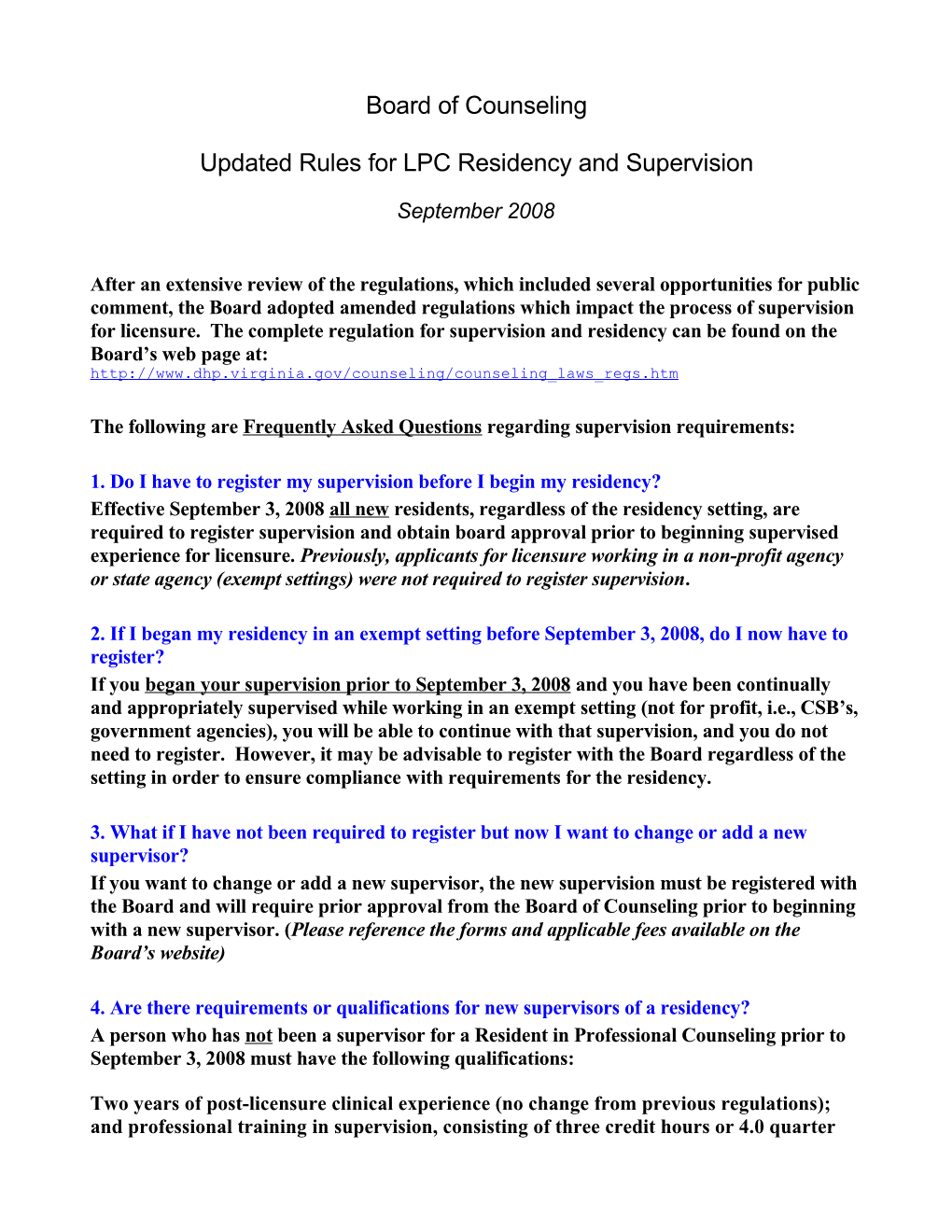 Board of Counseling - Questions and Answers for LPC Residency and Supervision