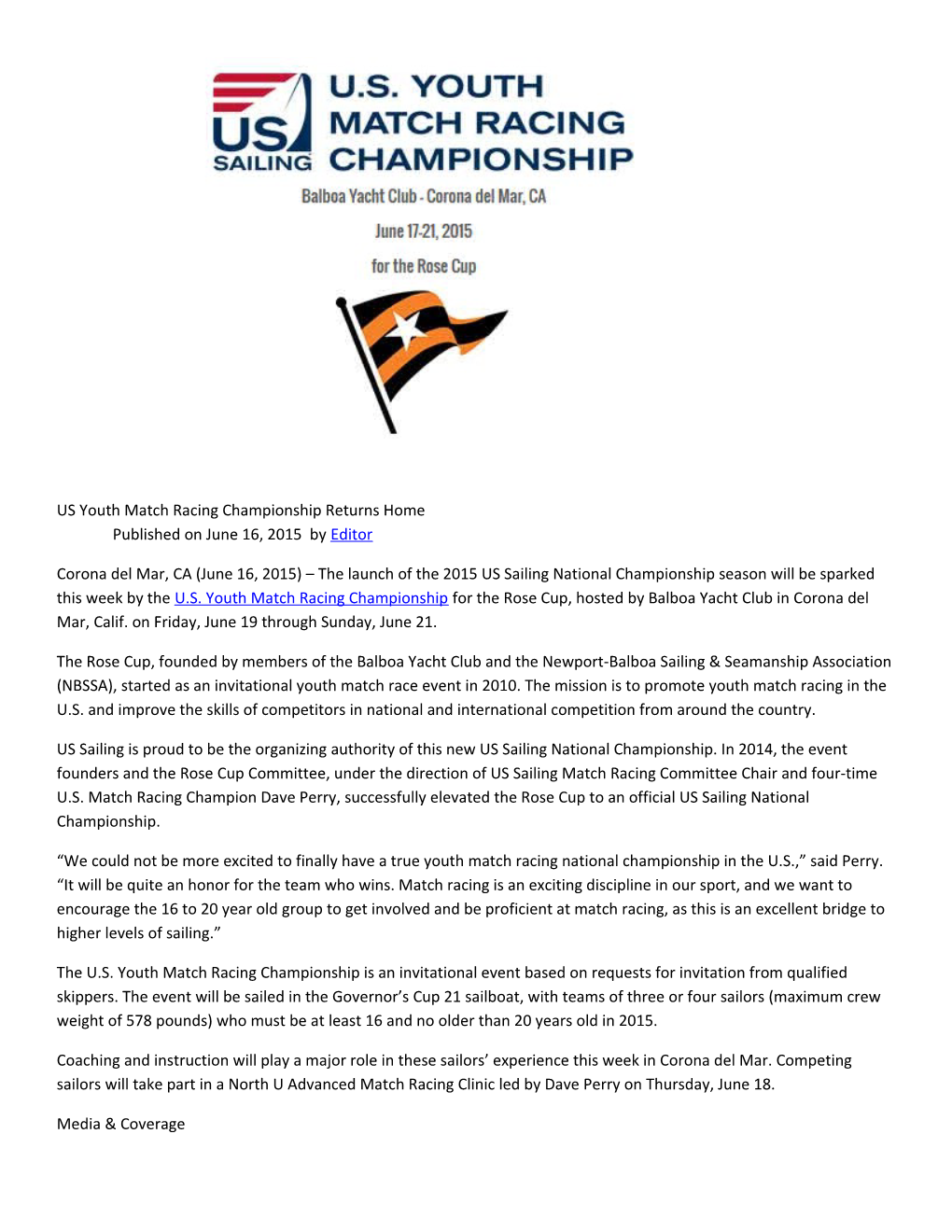 US Youth Match Racing Championship Returns Home Published on June 16, 2015 Byeditor