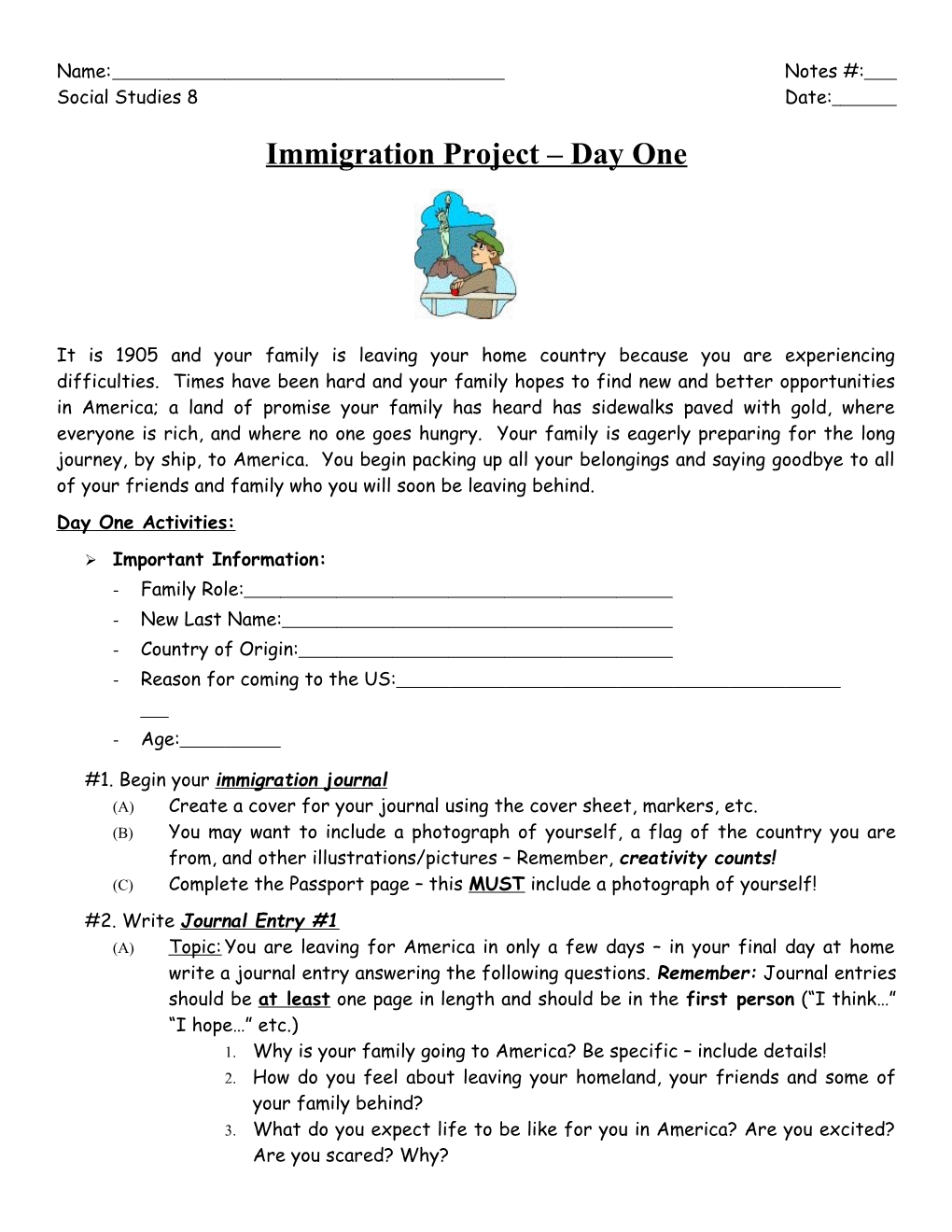 Immigration Family Activity: Counts As a Quarter 2 Test Grade