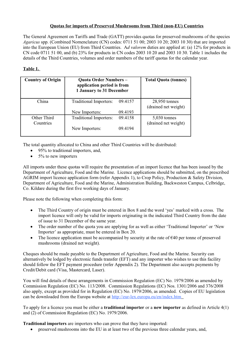 Quotas for Imports of Preserved Mushrooms from Third (Non-EU) Countries