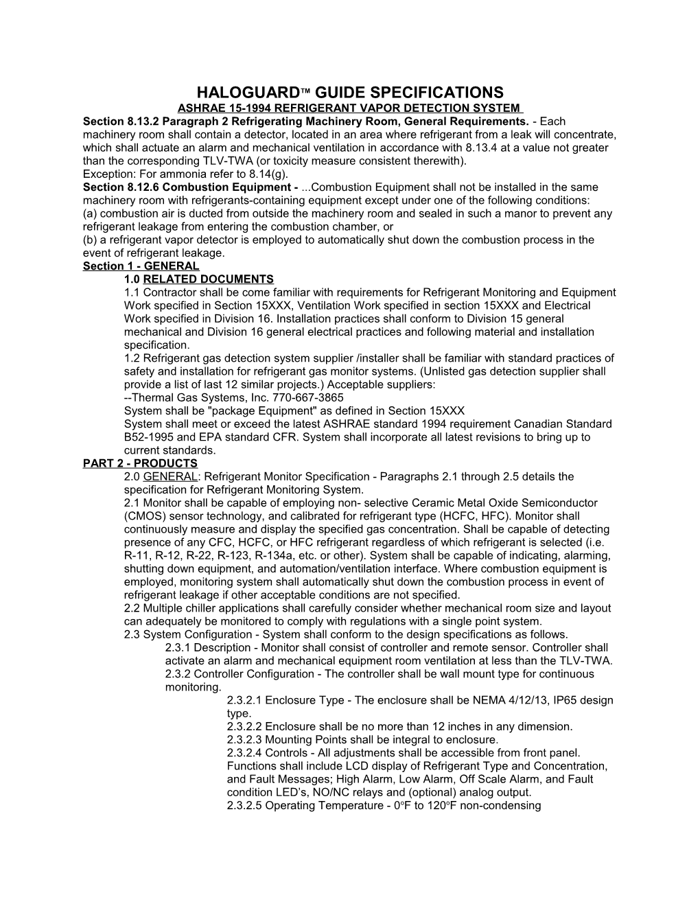 Haloguardtm Guide Specifications