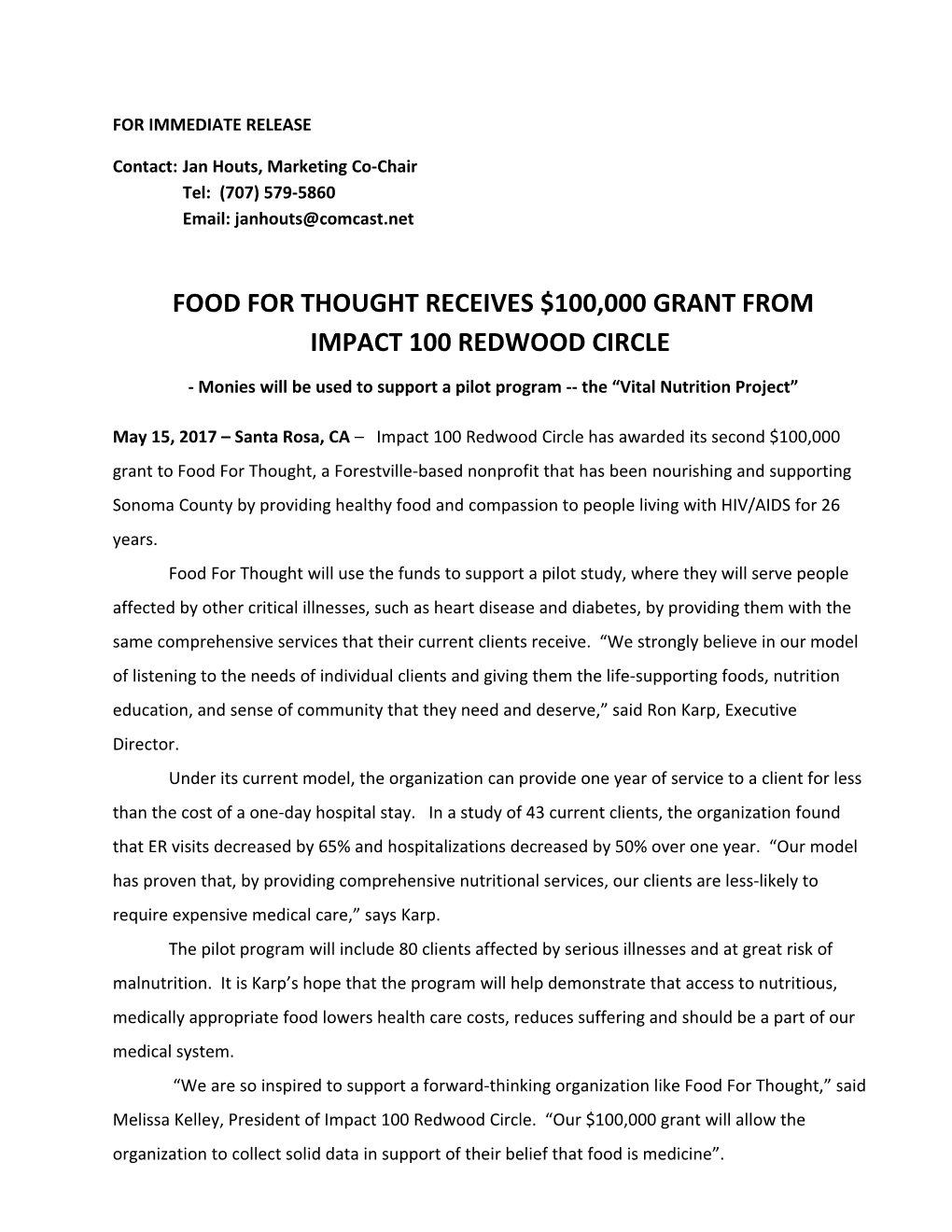 Food for Thought Receives $100,000 Grant From