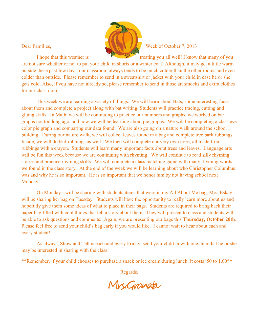 Dear Families, Week of October 7, 2013