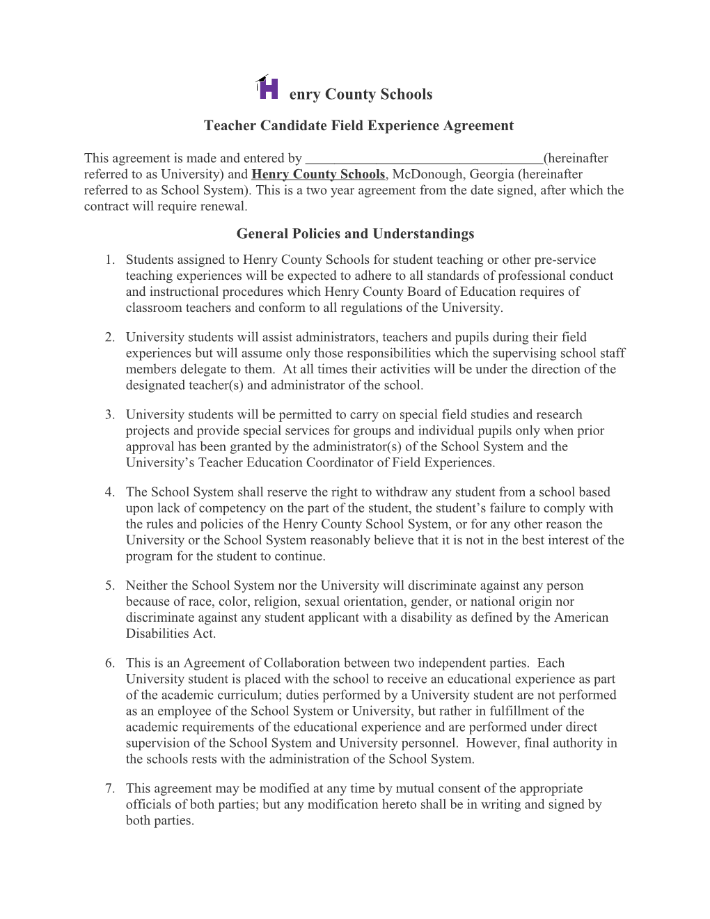 Henry County Schools Agreement for University Teacher Candidate Field Experiences