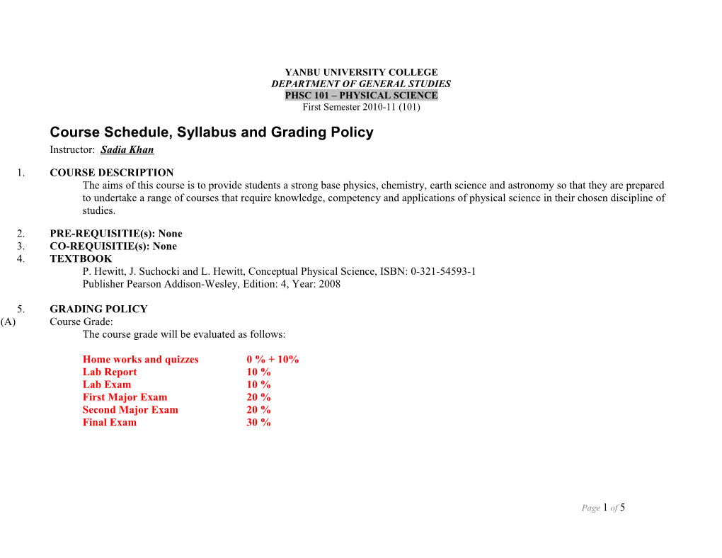 Weely Course Schedual and Course Policy