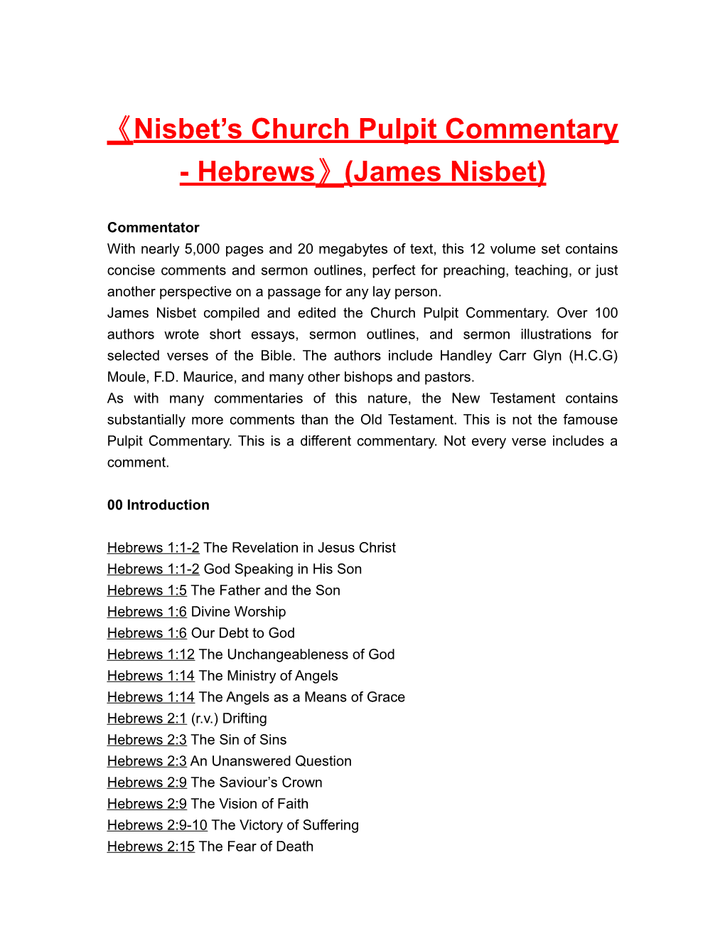 Nisbet S Churchpulpit Commentary - Hebrews (James Nisbet)