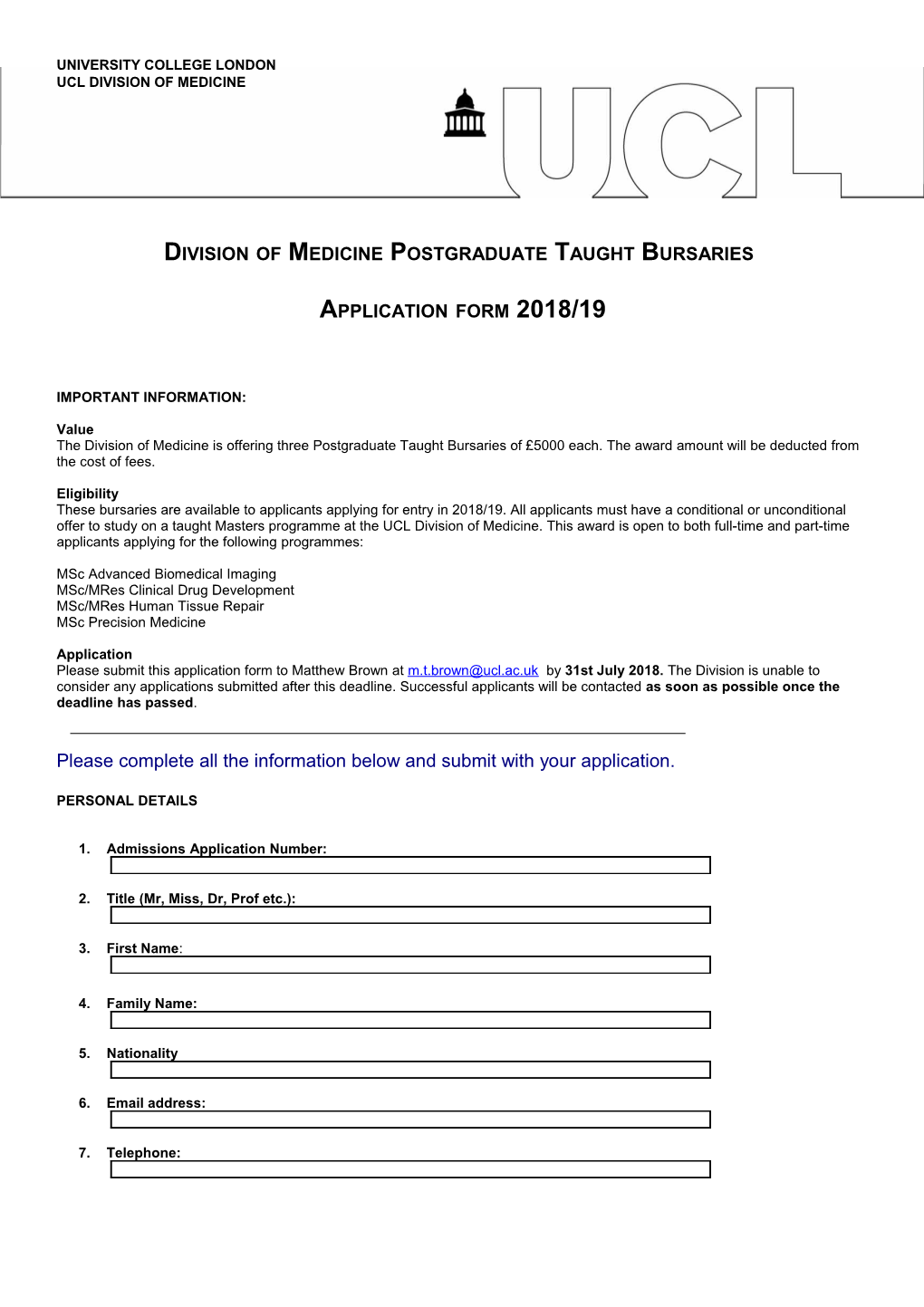 Division of Medicine Postgraduate Taught Bursaries