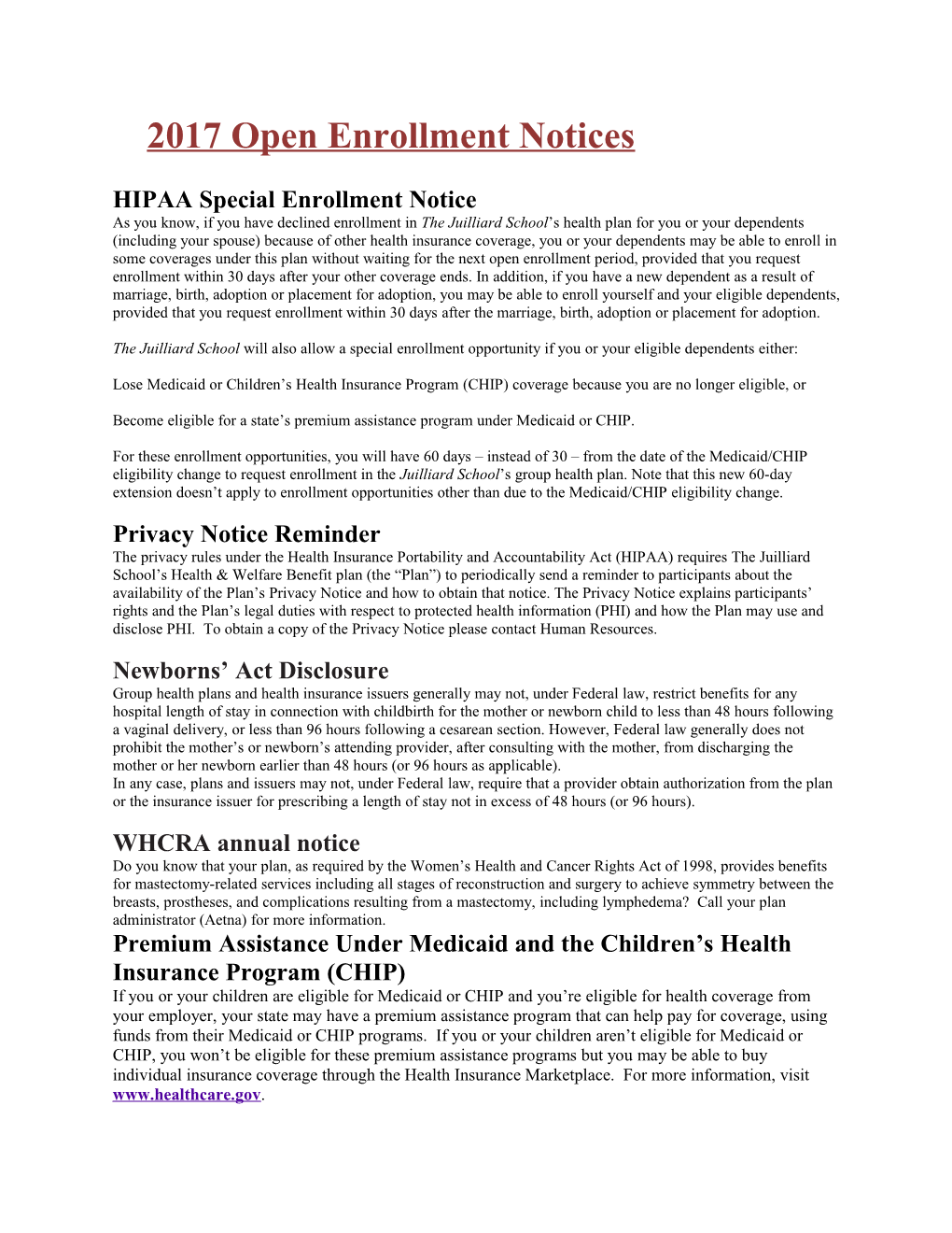 HIPAA Special Enrollment Notice