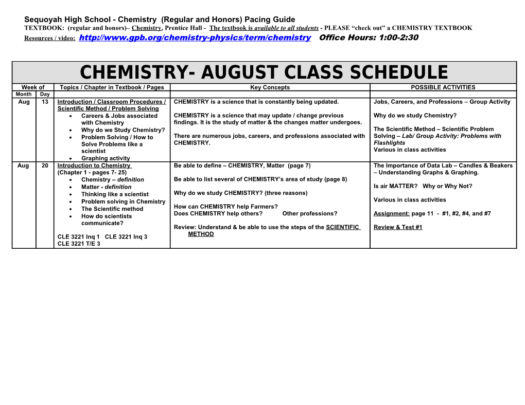 Chemistry I - Pacing Guide
