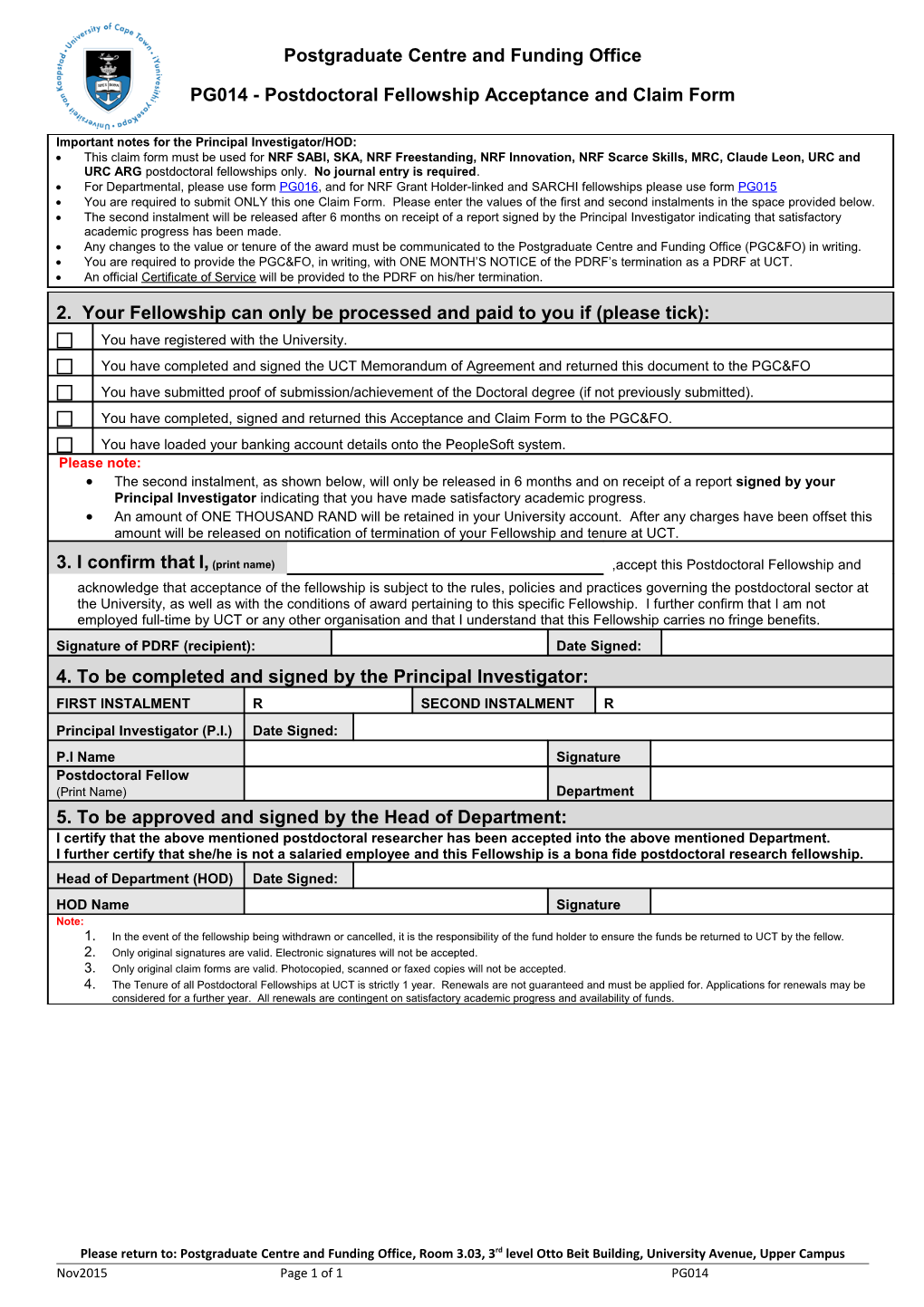PG014 - Postdoctoral Fellowship Acceptance and Claim Form
