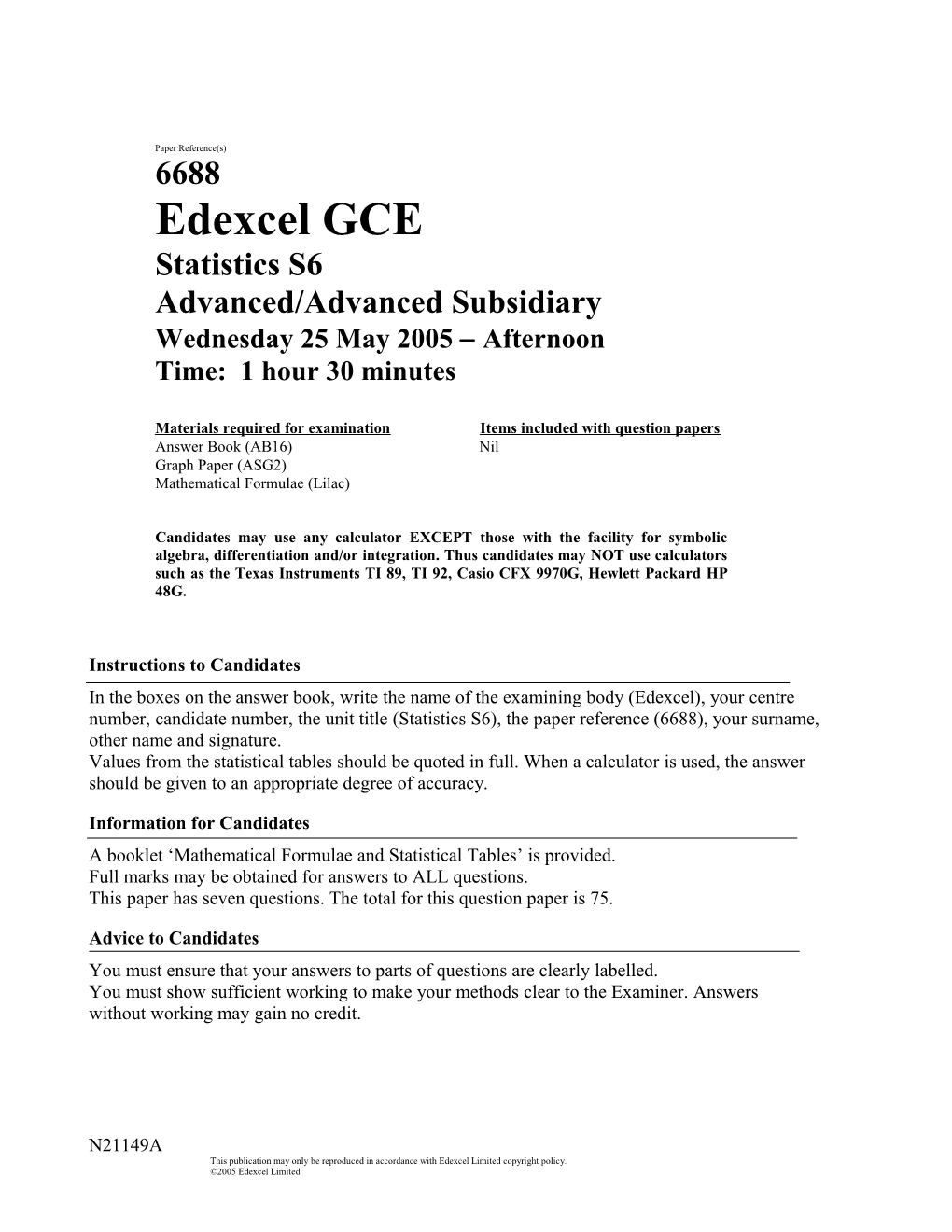 June 2005 - 6688 Statistics S6 - Question Paper