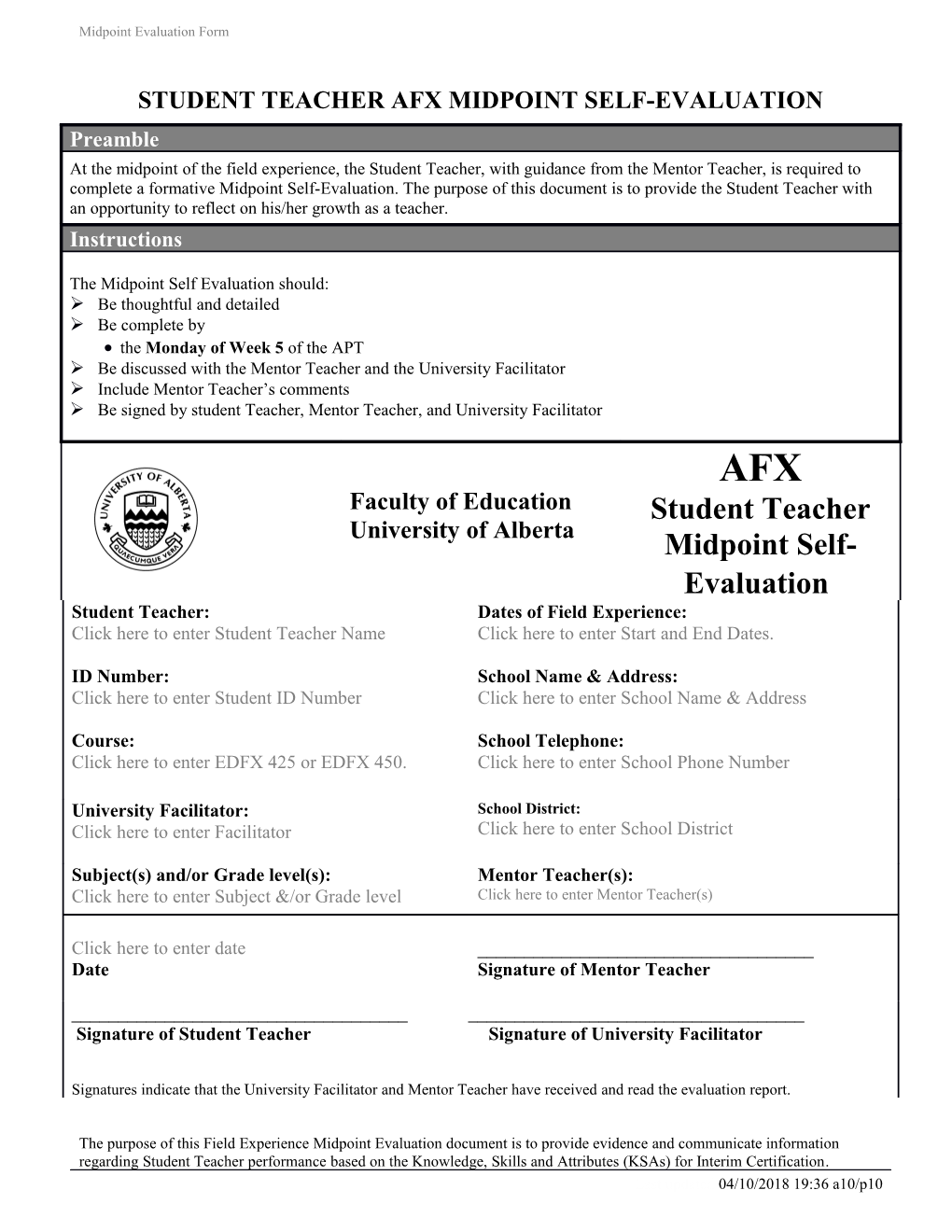 Student Teacher AFX Midpoint Self-Evaluation