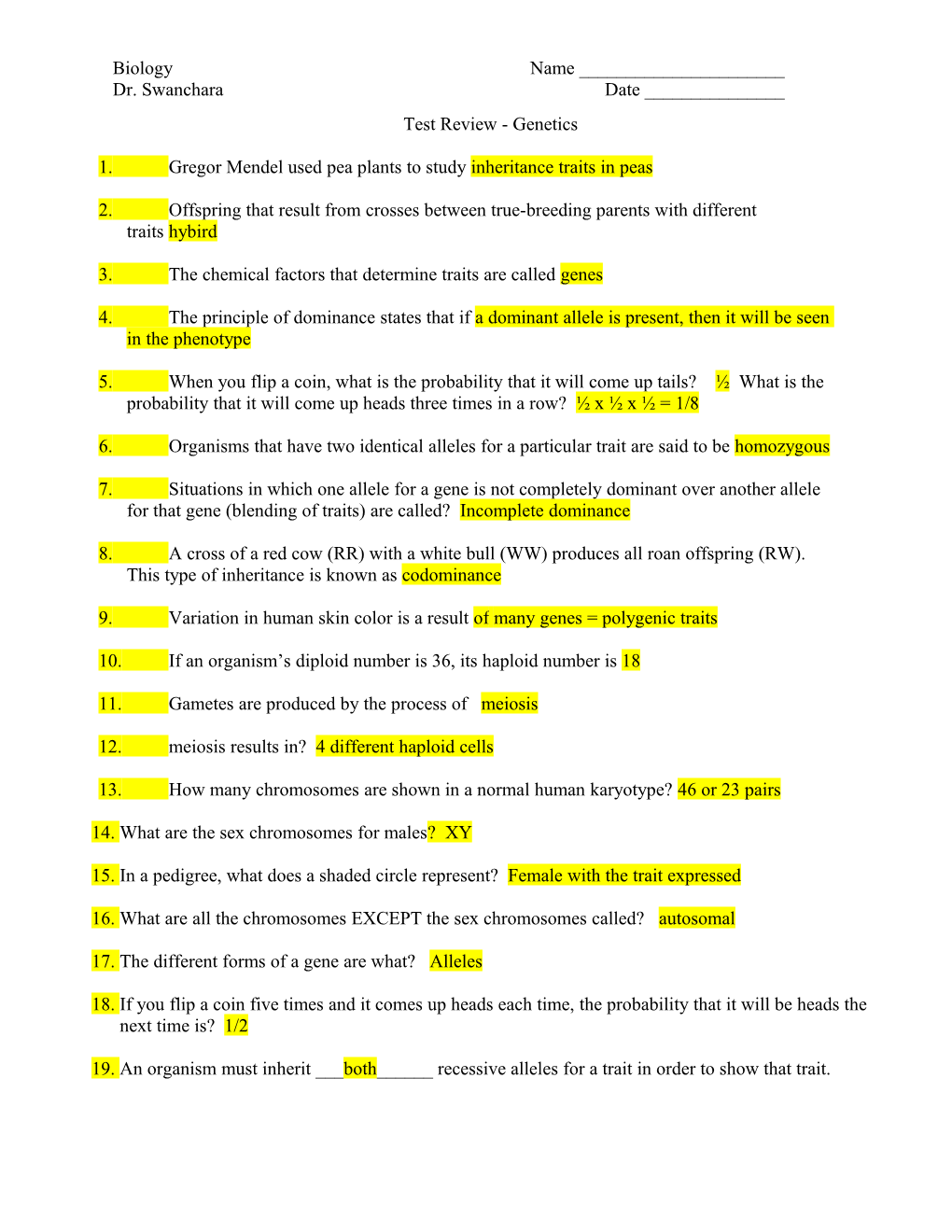 Chapters 10 and 11 - Cellular Reproduction, Meiosis and Genetics