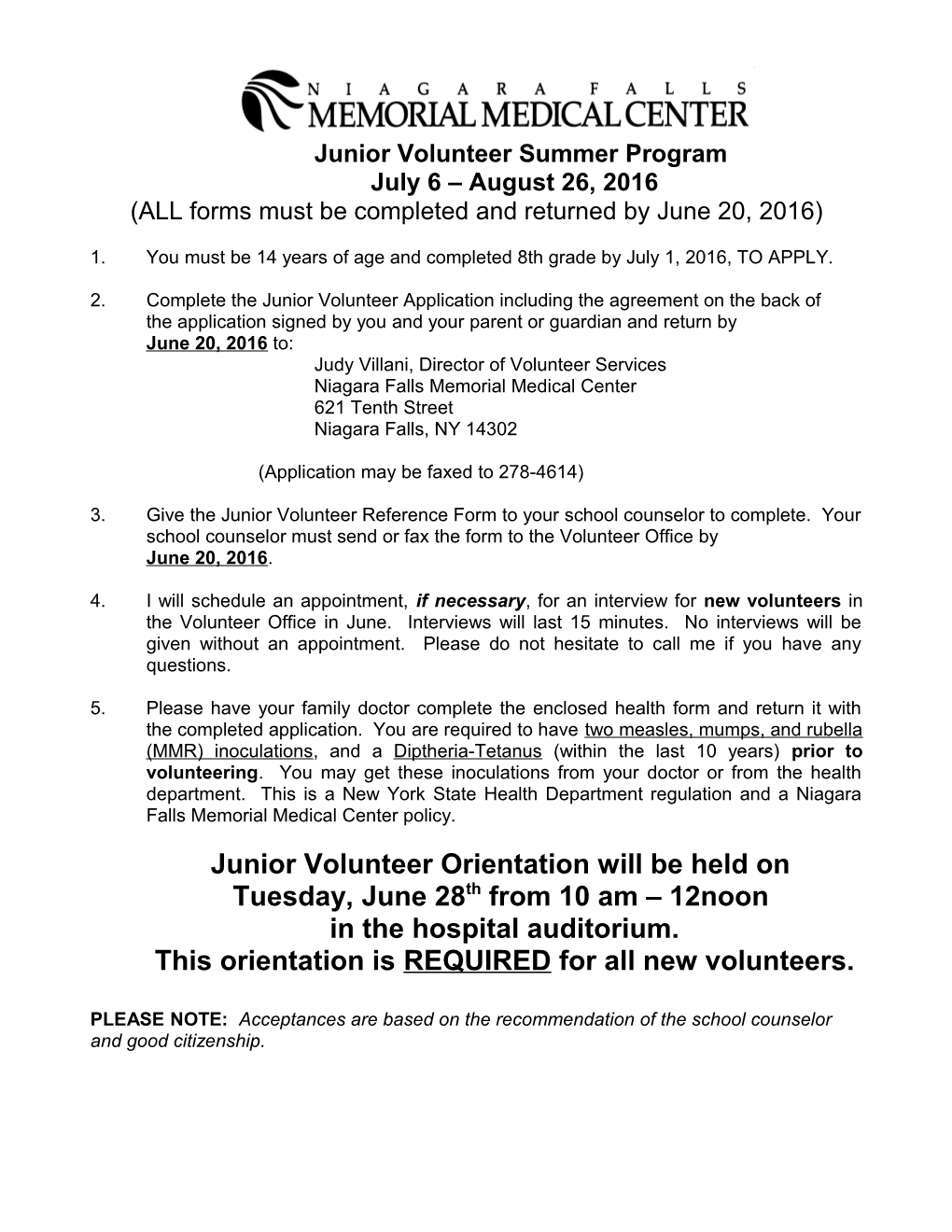 Junior Volunteer Instruction Sheet