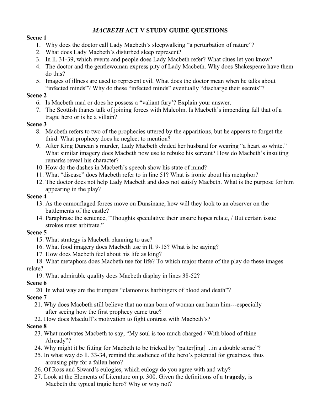 Macbeth Act V Study Guide Questions