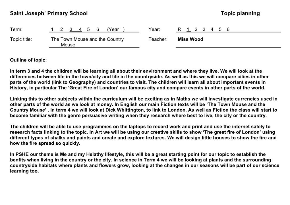 Saint Edmund S R.C. Primary School Topic Planning