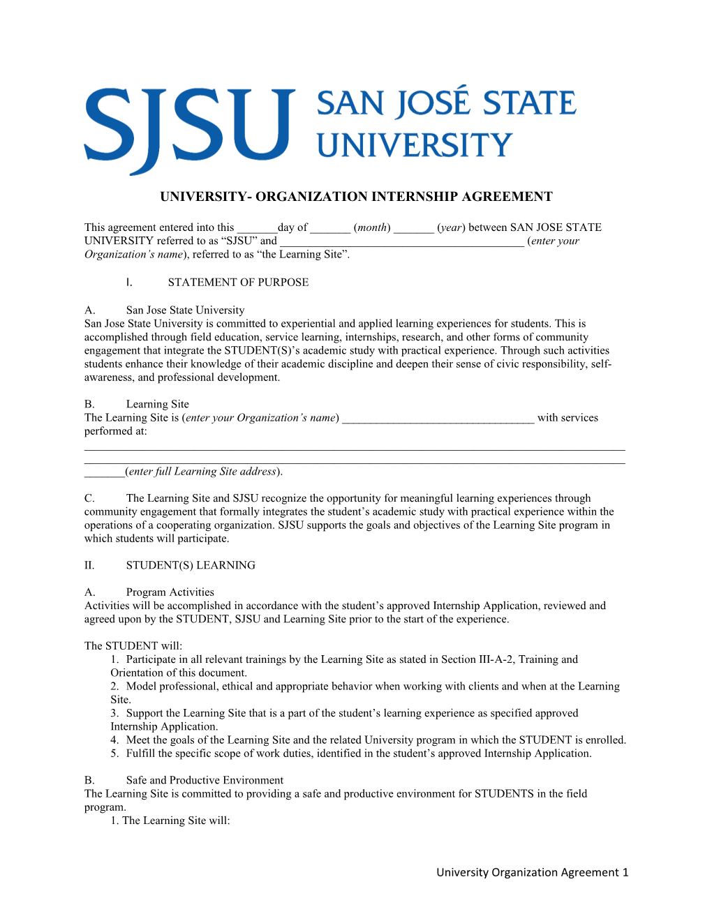 University-Organization Internship Agreement