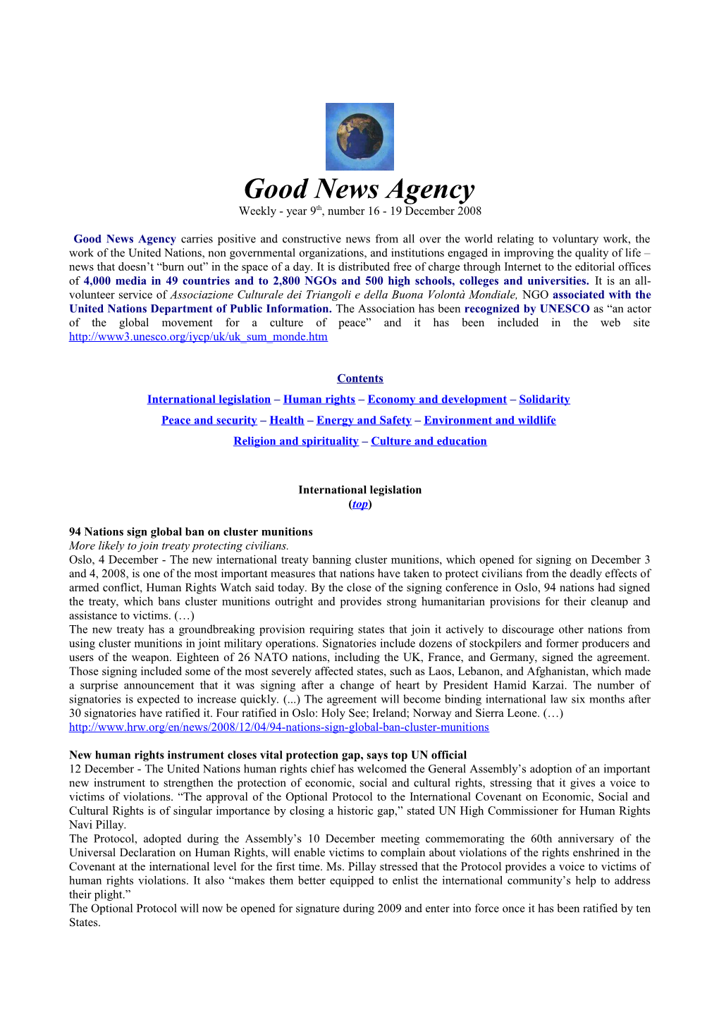 Good News Agency, 19 December 2008