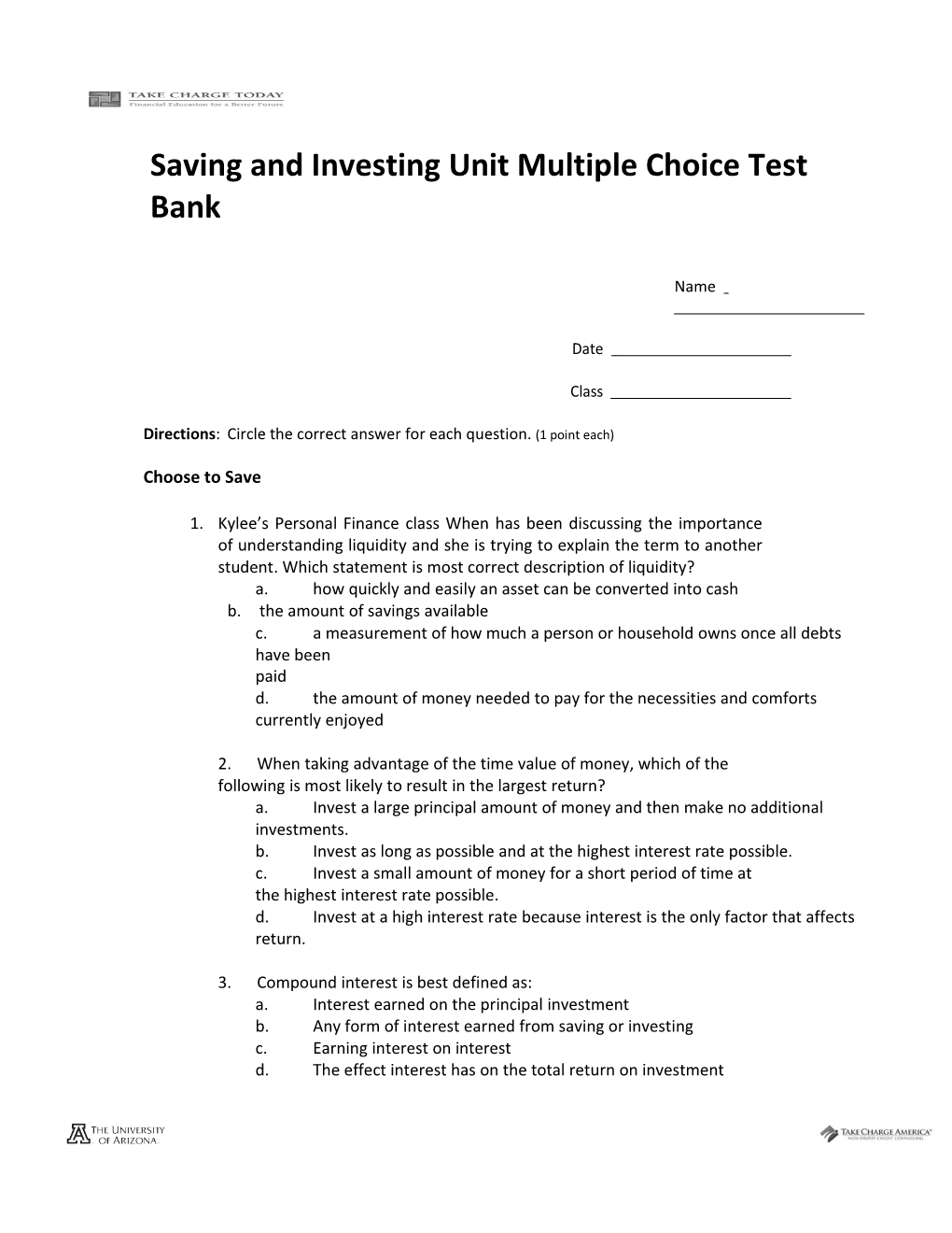 Saving and Investing Unit Multiple Choice Test Bank 2.4.0.M1
