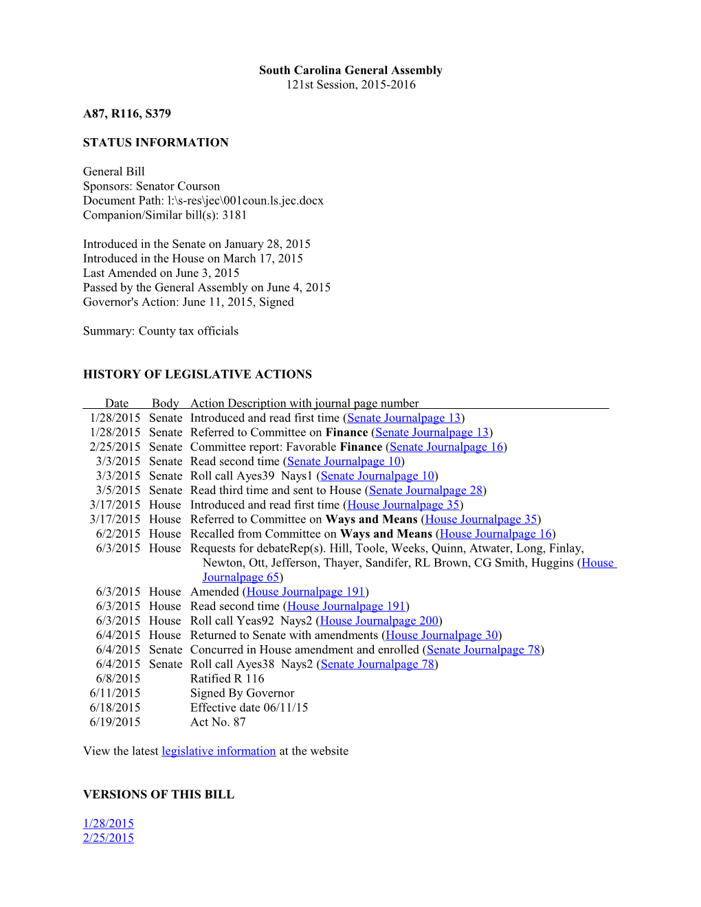 2015-2016 Bill 379: County Tax Officials - South Carolina Legislature Online