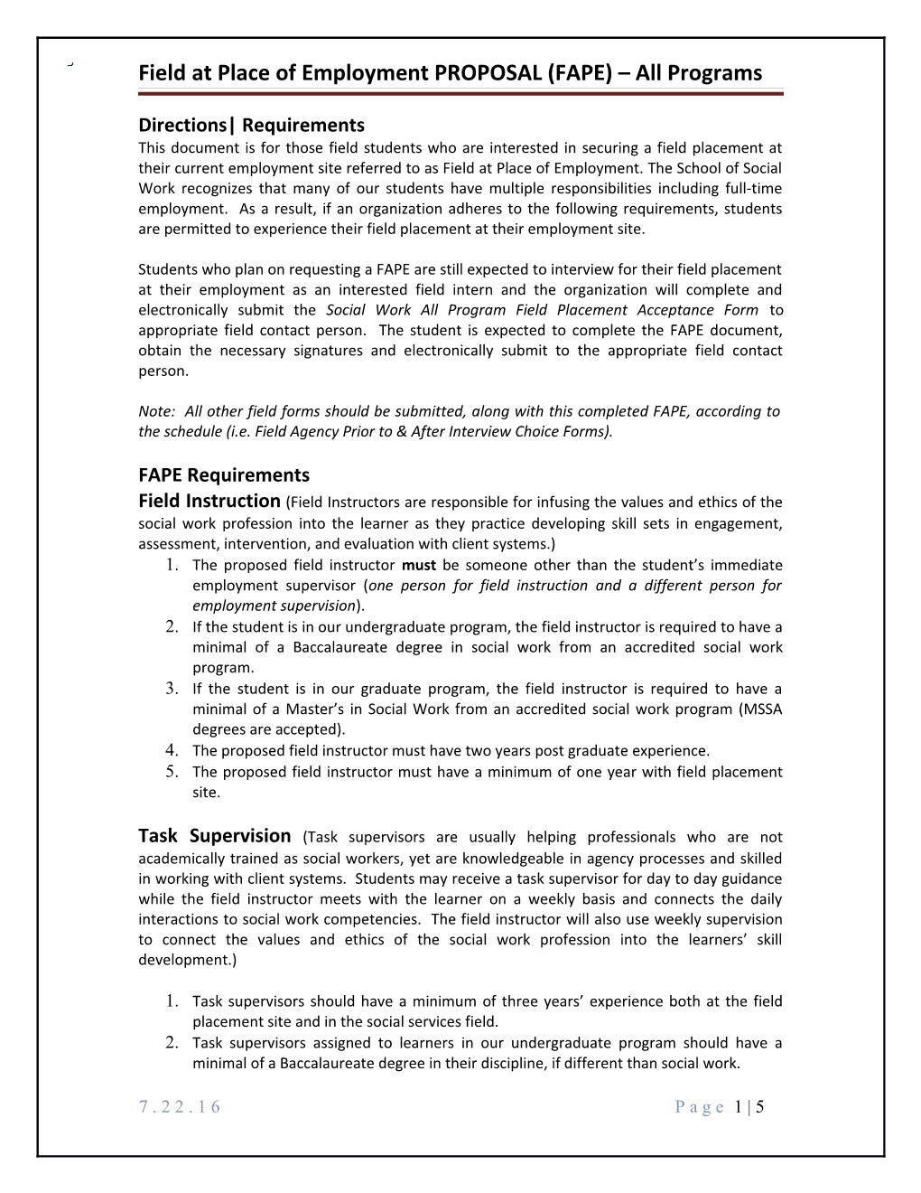 BASW Field at Placement of Employment Proposal (FAPE)