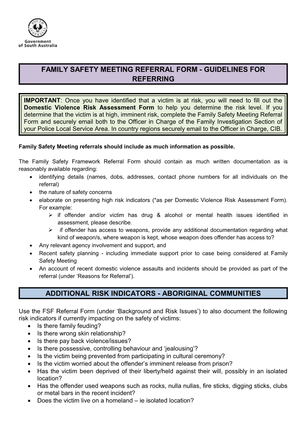 Family Safety Meeting Referral Form - Guidelines for Referring