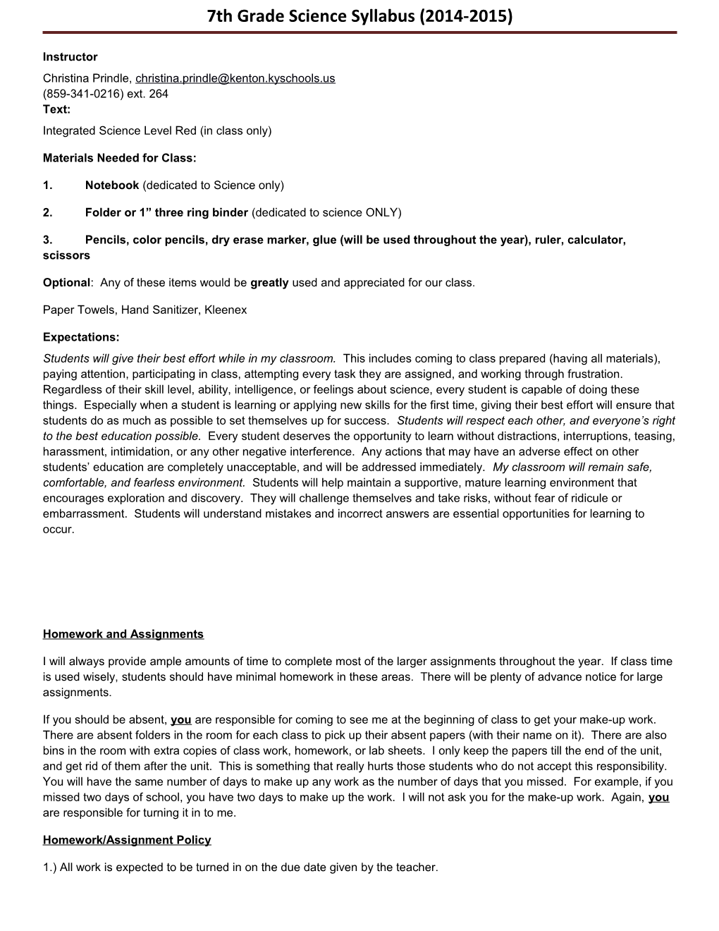 7Th Grade Science Syllabus (2014-2015)