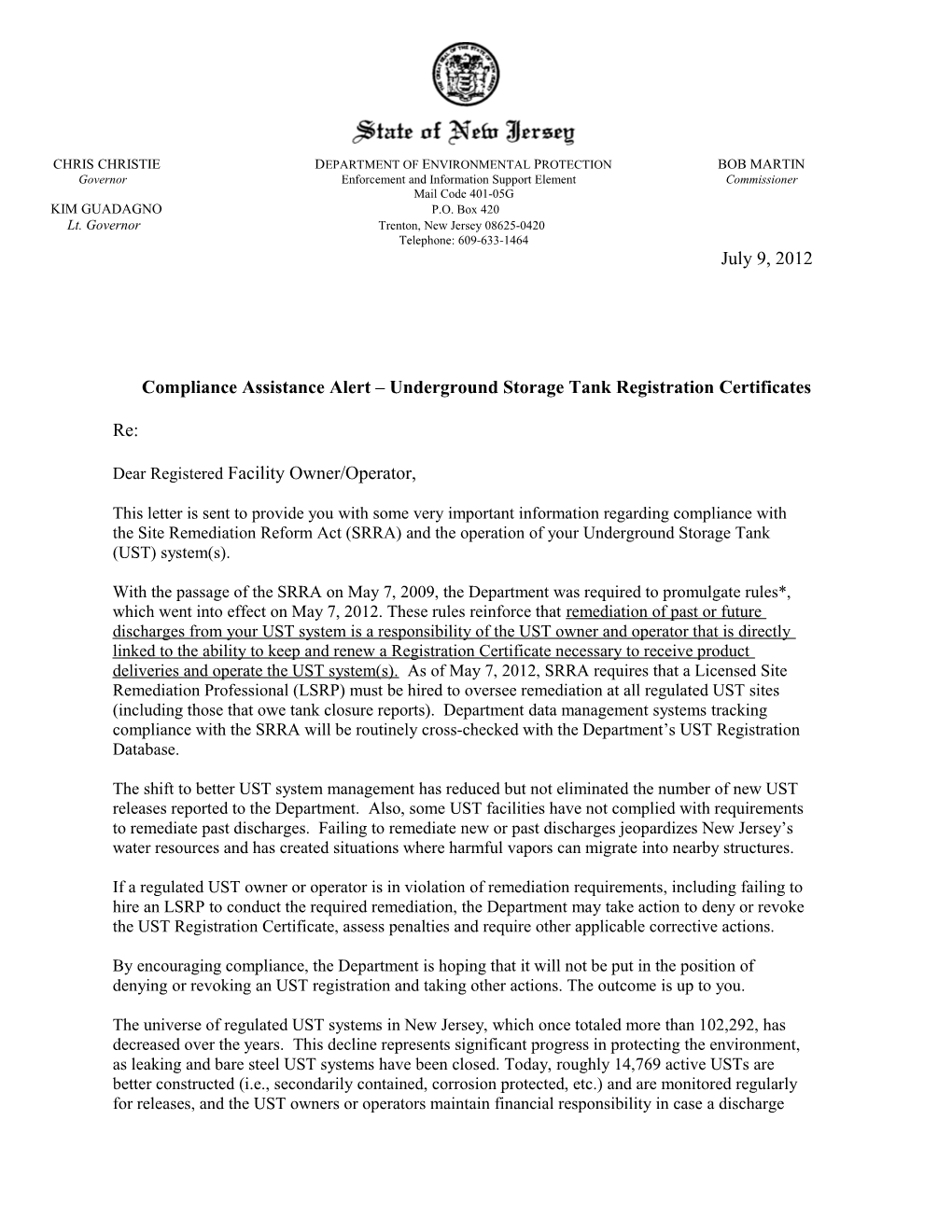 Dear Registered Tank Owner Or Tank Operator